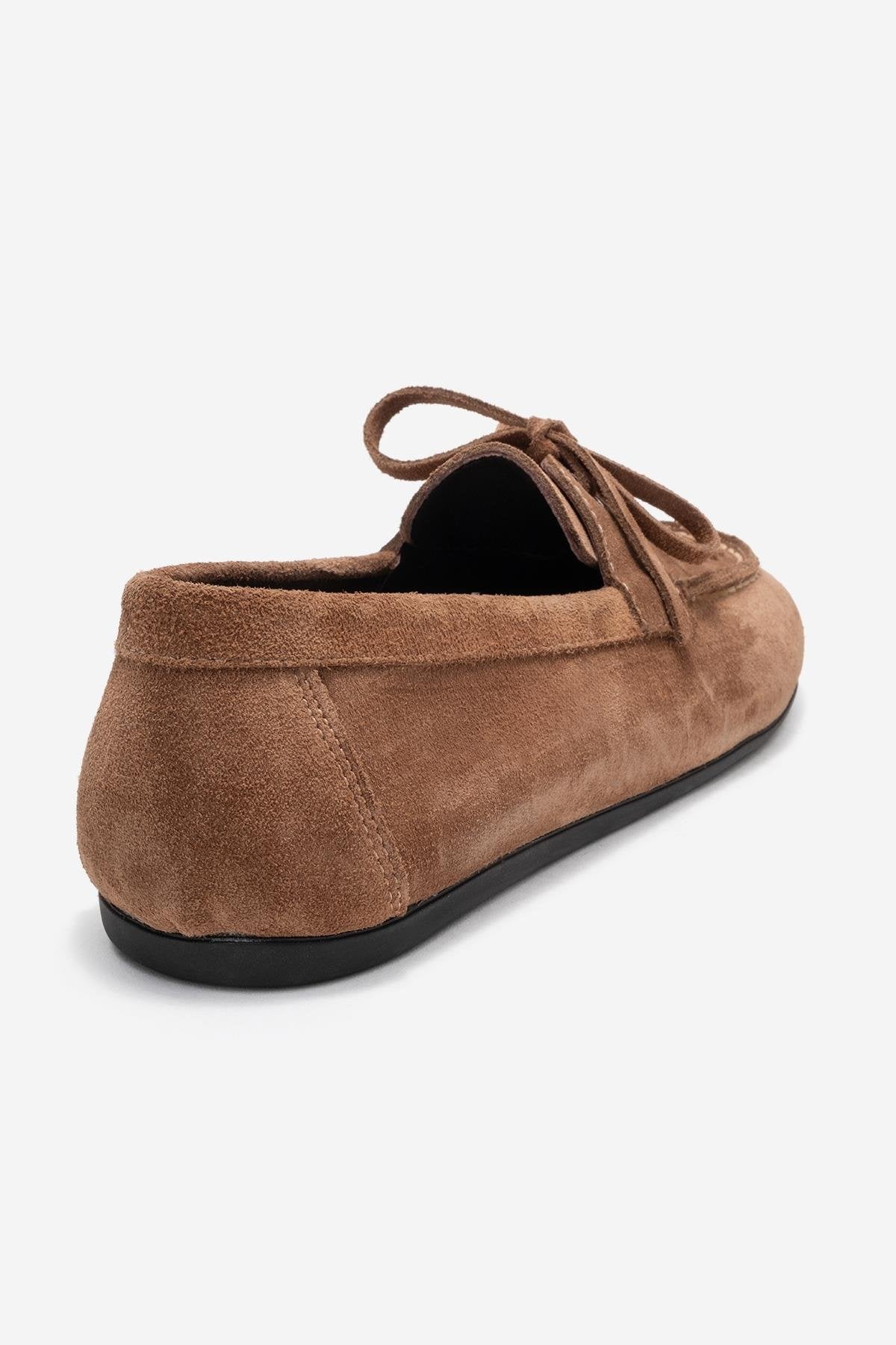 Lorven - Taupe Suede Genuine Leather Lace-Up Loafer Shoe – back view showing lace, leather, suede, Vowalisse