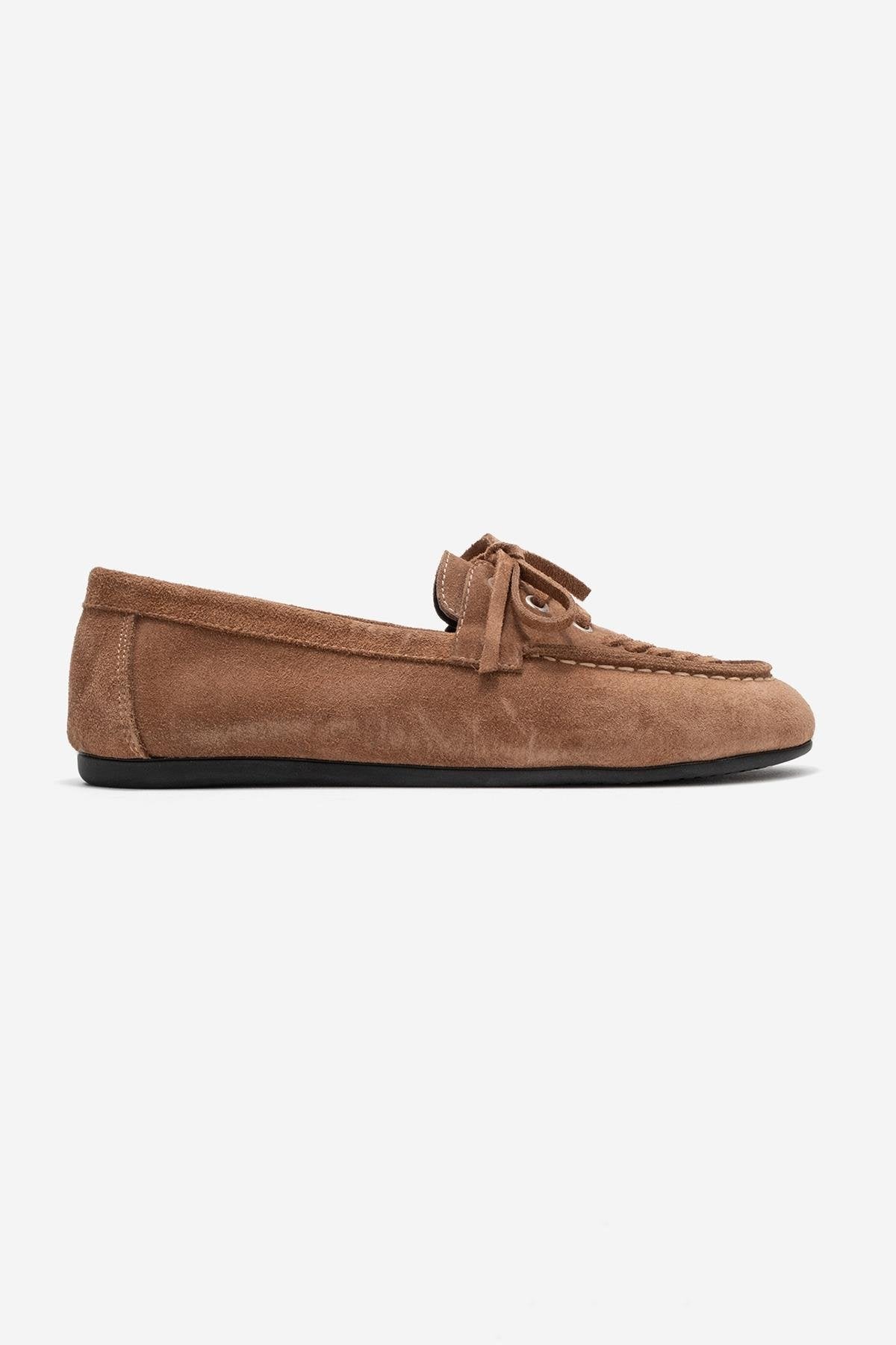 Lorven - Taupe Suede Genuine Leather Lace-Up Loafer Shoe – top view showing lace, leather, suede, Vowalisse