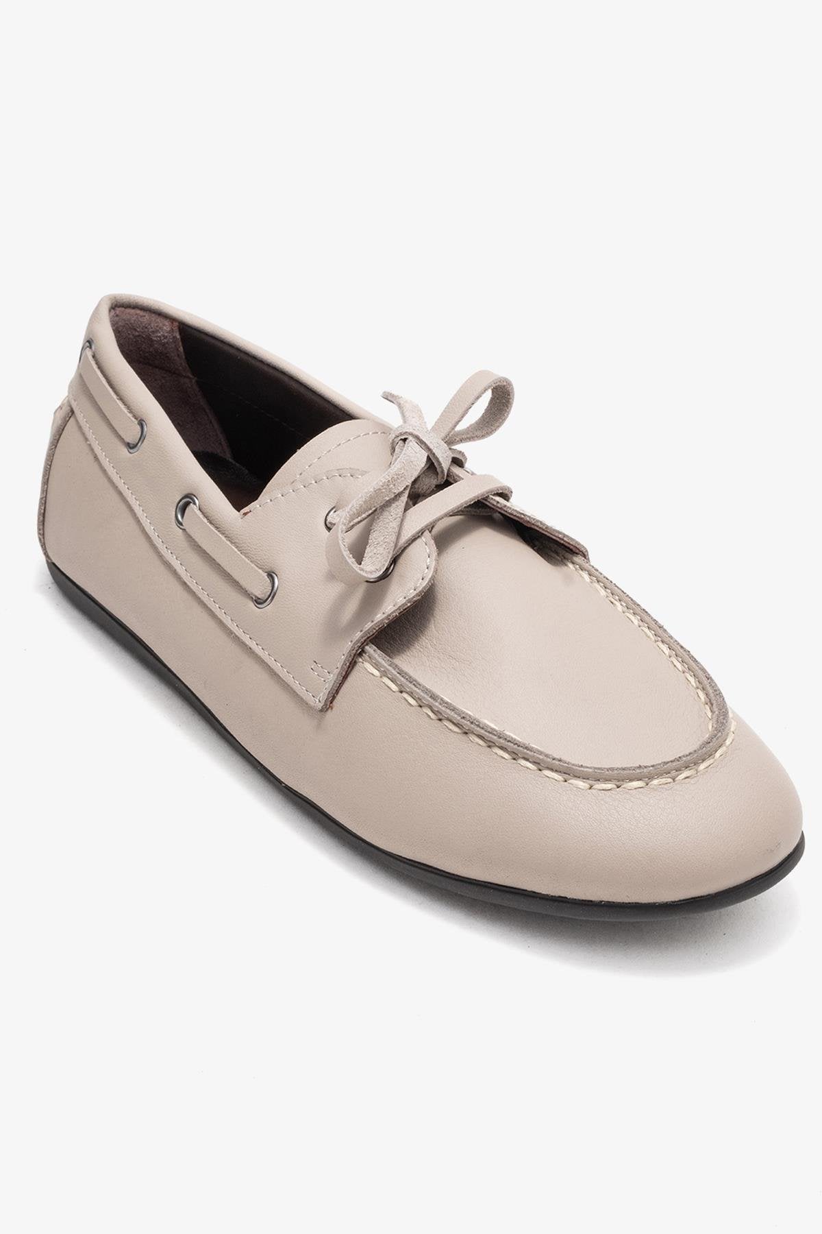 Serelis - Stone Genuine Leather Lace-Up Loafer Shoe – detail view showing lace, leather, Vowalisse