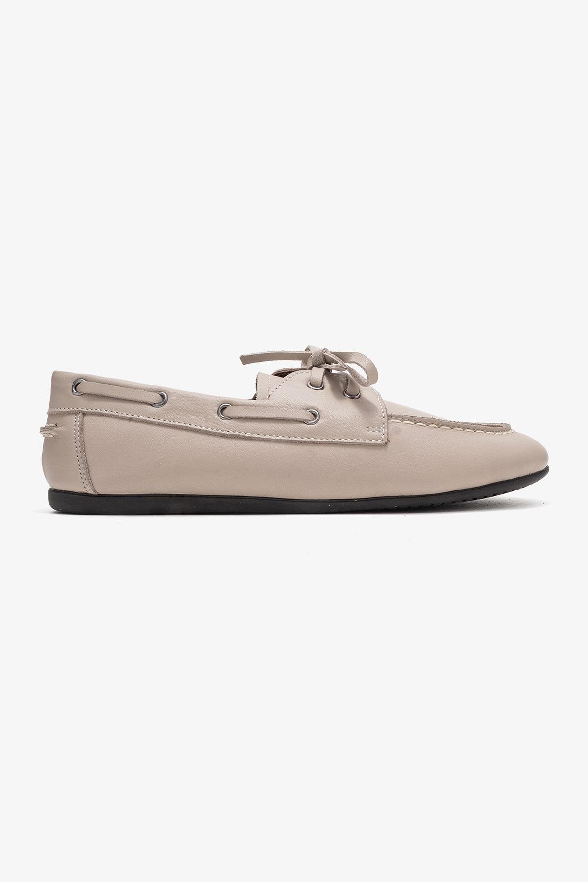 Serelis - Stone Genuine Leather Lace-Up Loafer Shoe – top view showing lace, leather, Vowalisse