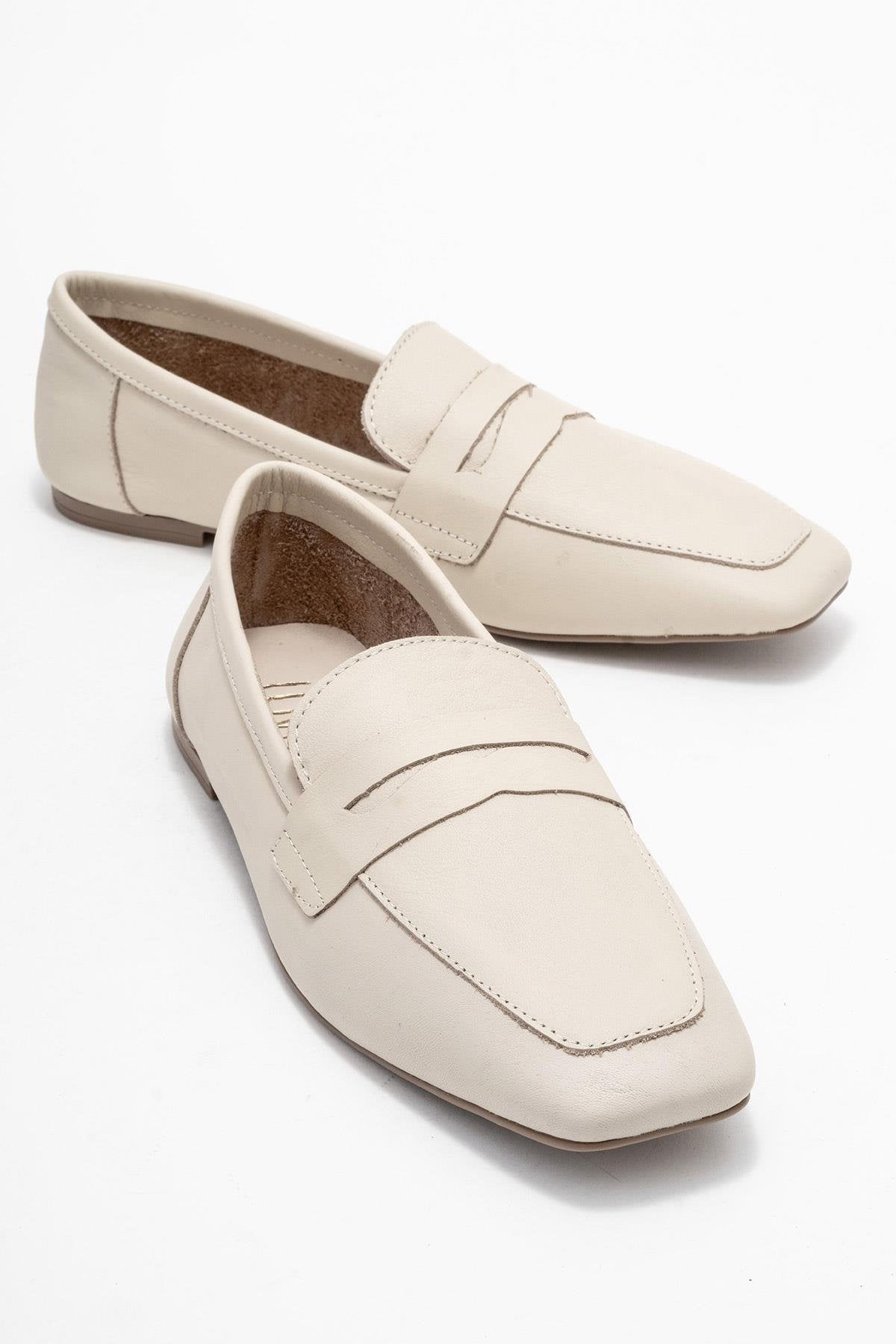 Morne - Ecru Beige Genuine Leather Loafer Shoe – front three-quarter view showing leather, Vowalisse