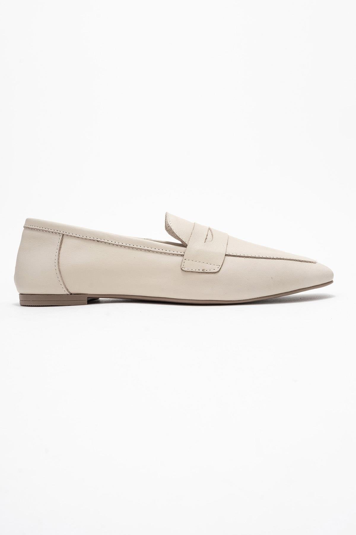 Morne - Ecru Beige Genuine Leather Loafer Shoe – top view showing leather, Vowalisse