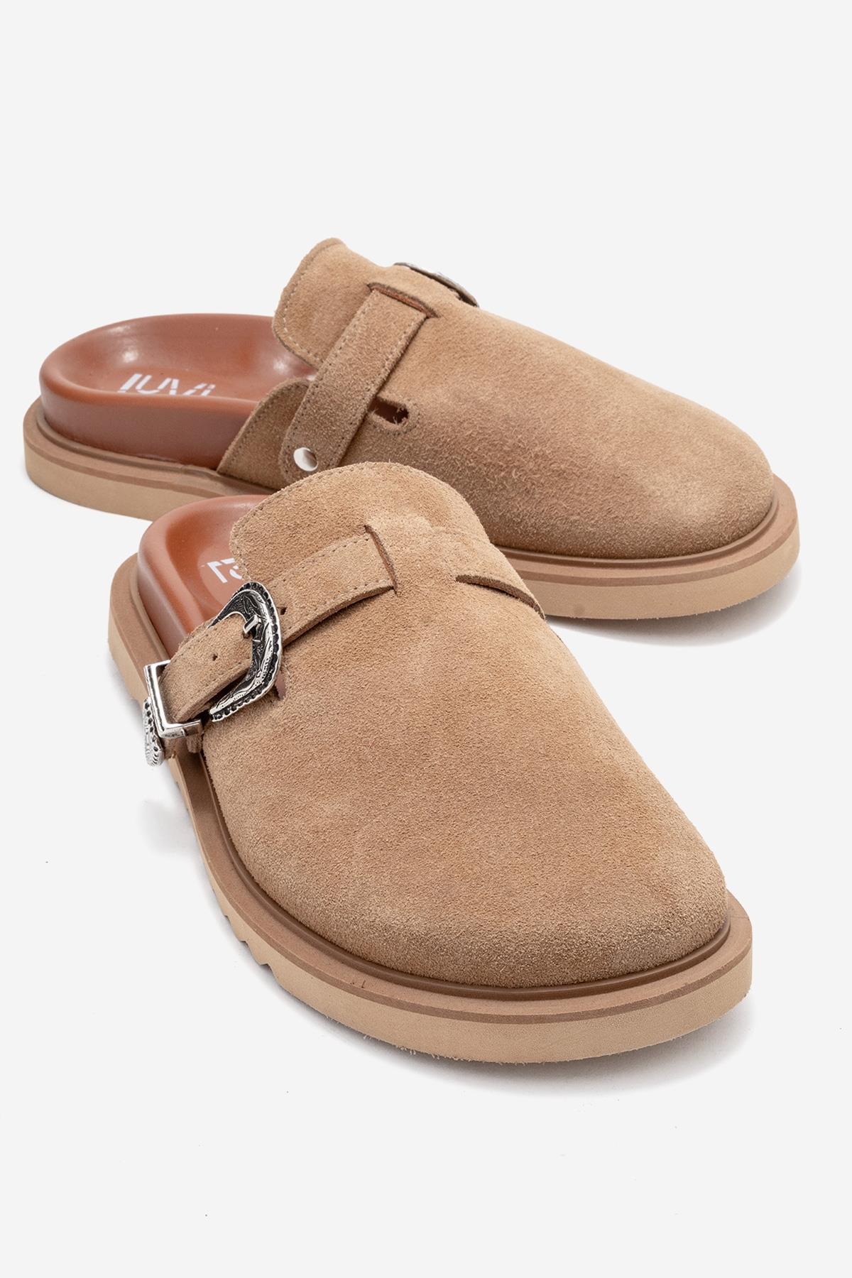 Vesta - Taupe Suede Buckled Genuine Leather Closed-Toe Mule – front three-quarter view showing leather, suede, Vowalisse