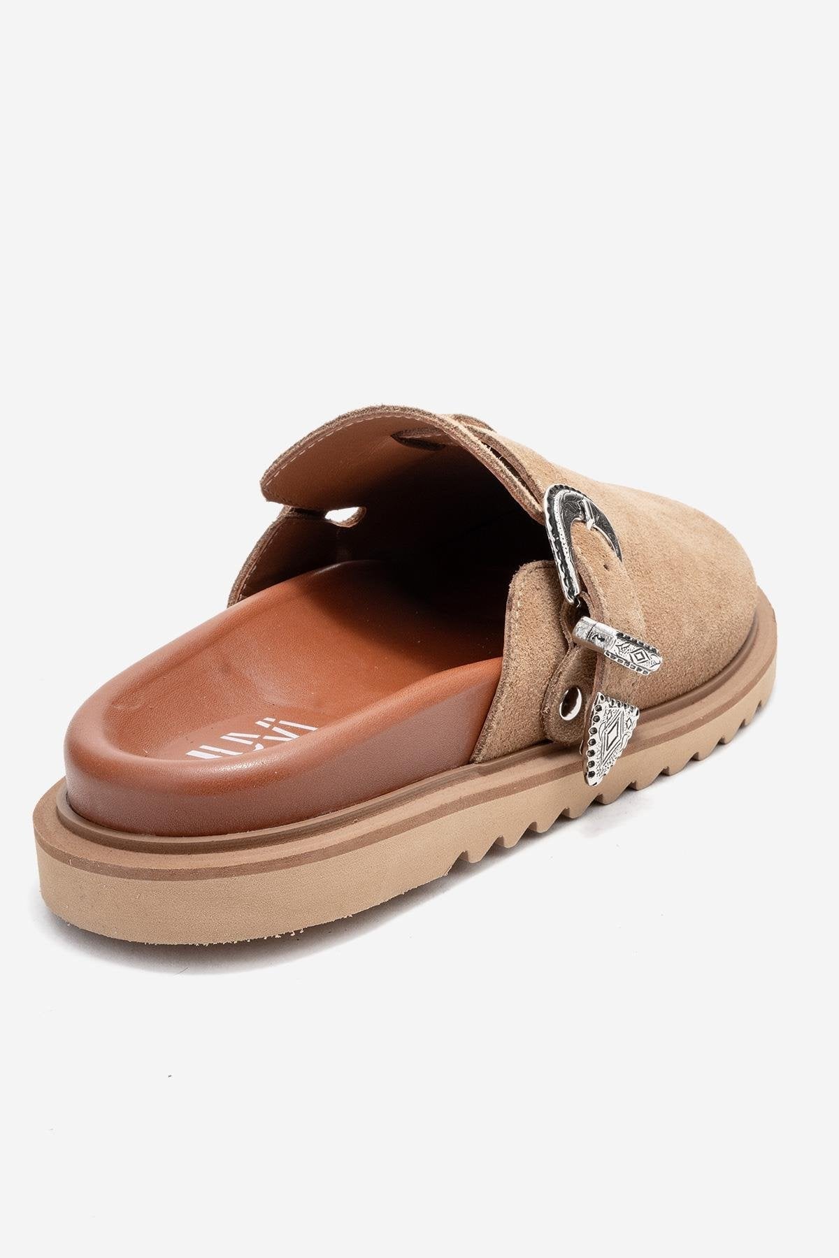 Vesta - Taupe Suede Buckled Genuine Leather Closed-Toe Mule – back view showing leather, suede, Vowalisse