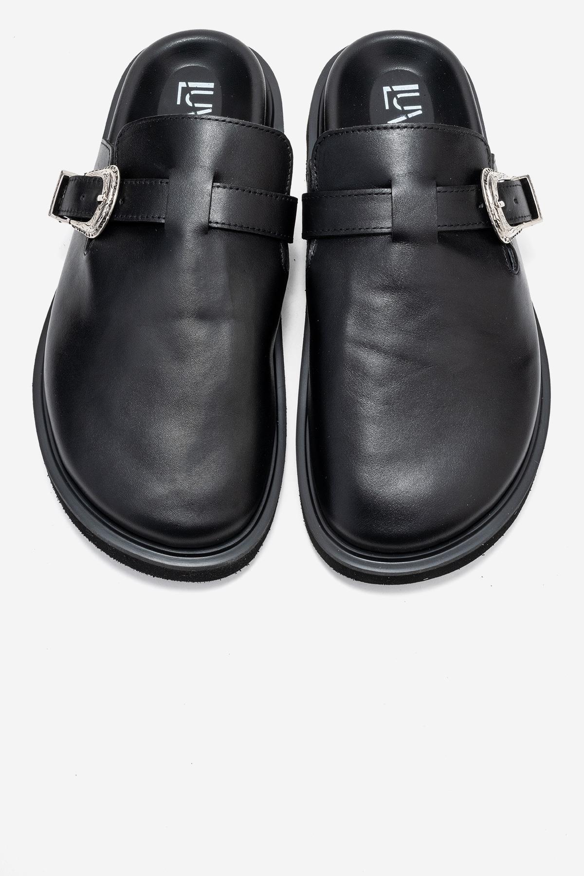 Vesta - Black Buckled Genuine Leather Closed-Toe Mule – side view showing leather, black, Vowalisse