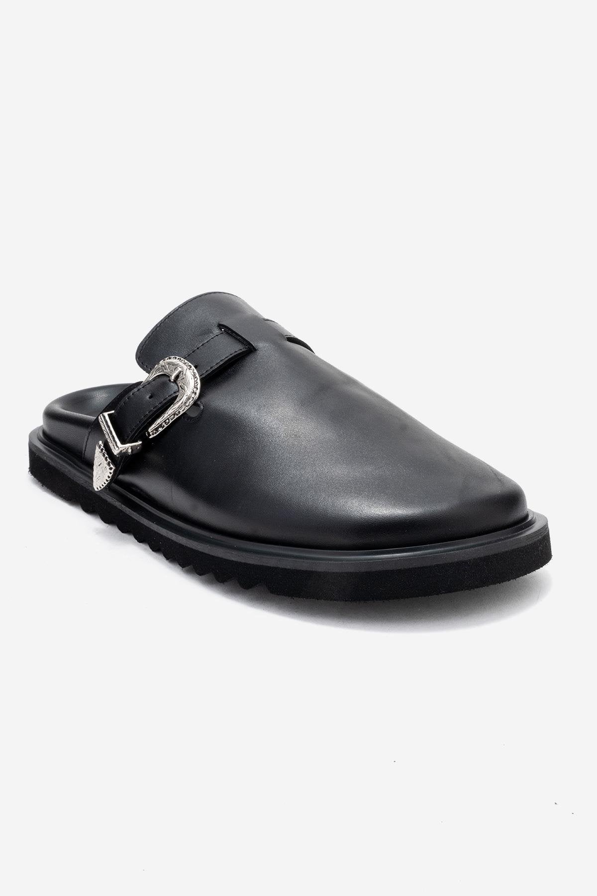 Vesta - Black Buckled Genuine Leather Closed-Toe Mule – detail view showing leather, black, Vowalisse