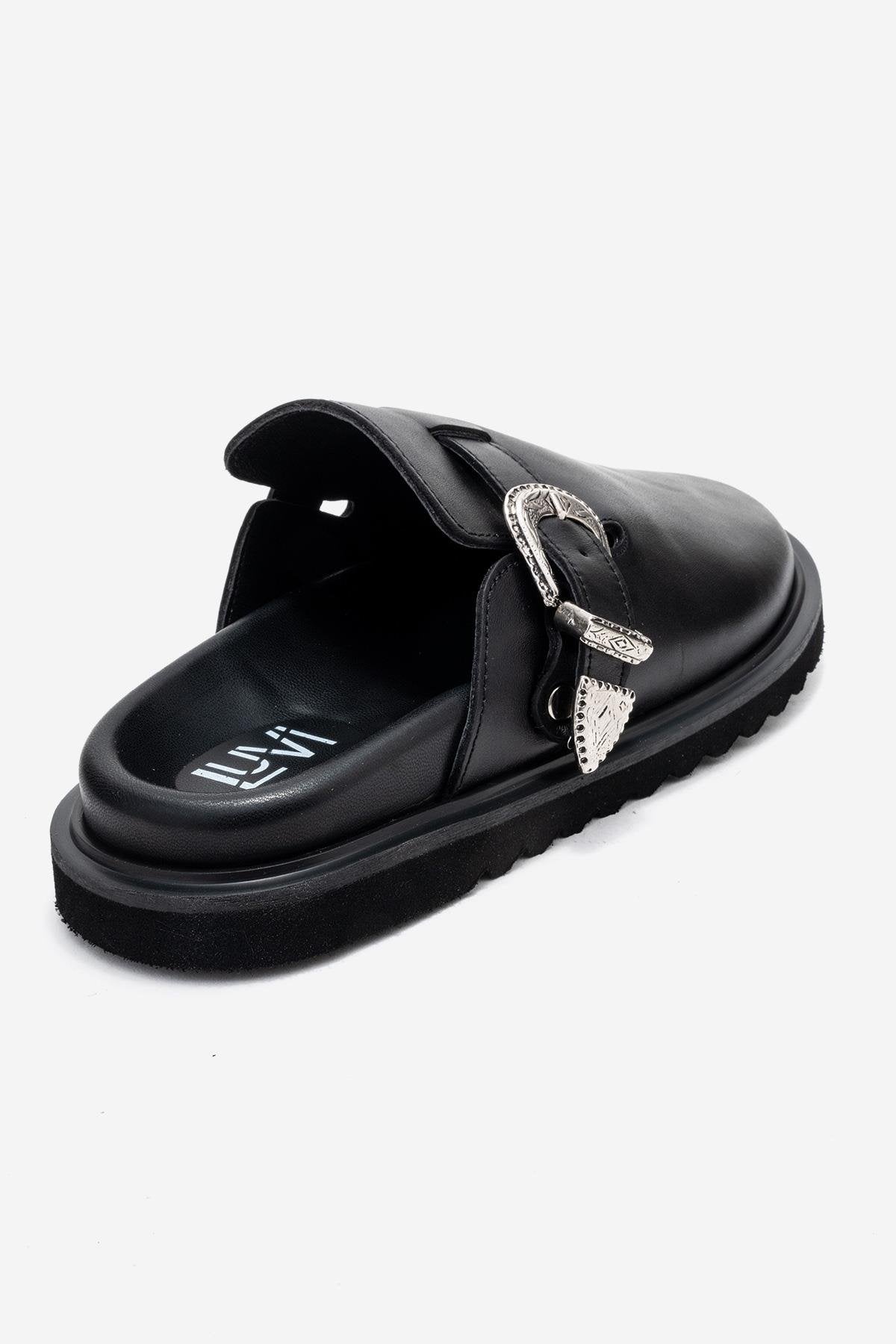 Vesta - Black Buckled Genuine Leather Closed-Toe Mule – back view showing leather, black, Vowalisse
