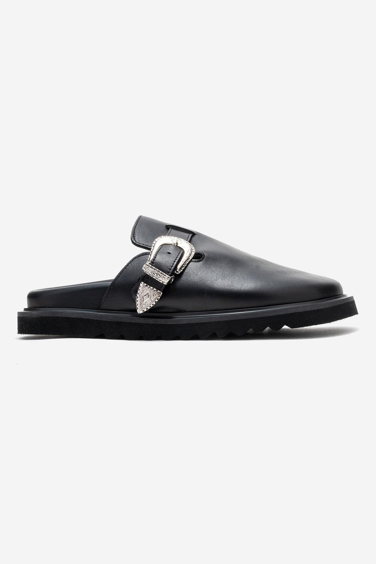 Vesta - Black Buckled Genuine Leather Closed-Toe Mule – top view showing leather, black, Vowalisse