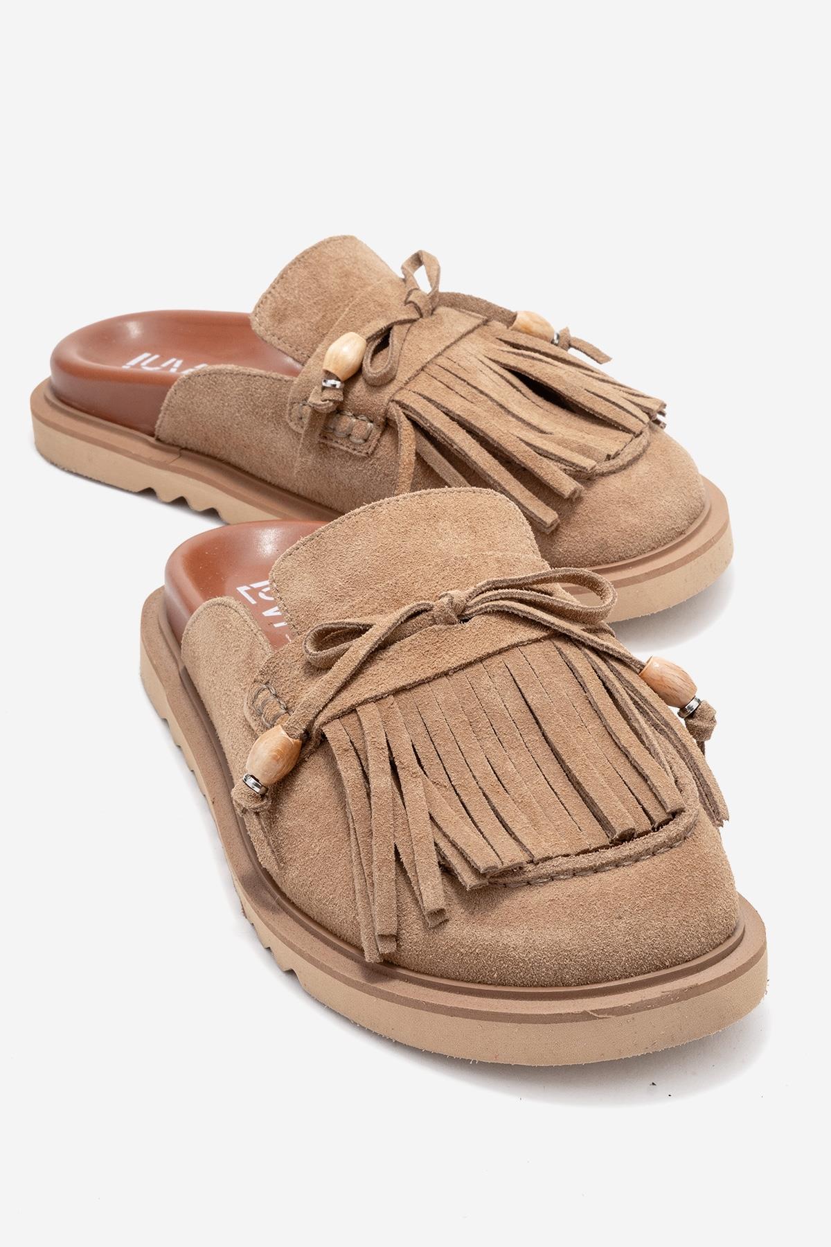 Carol - Taupe Suede Genuine Leather Closed-Toe Mule – front three-quarter view showing leather, suede, Vowalisse