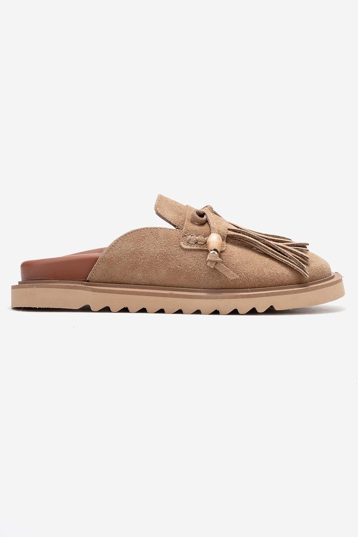Carol - Taupe Suede Genuine Leather Closed-Toe Mule – top view showing leather, suede, Vowalisse