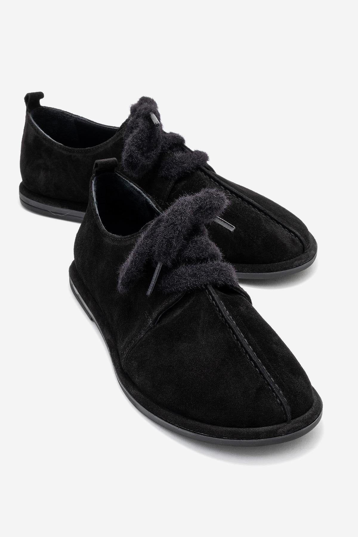 Denora - Black Genuine Leather Casual Flat Shoe – front three-quarter view showing leather, suede, black, Vowalisse