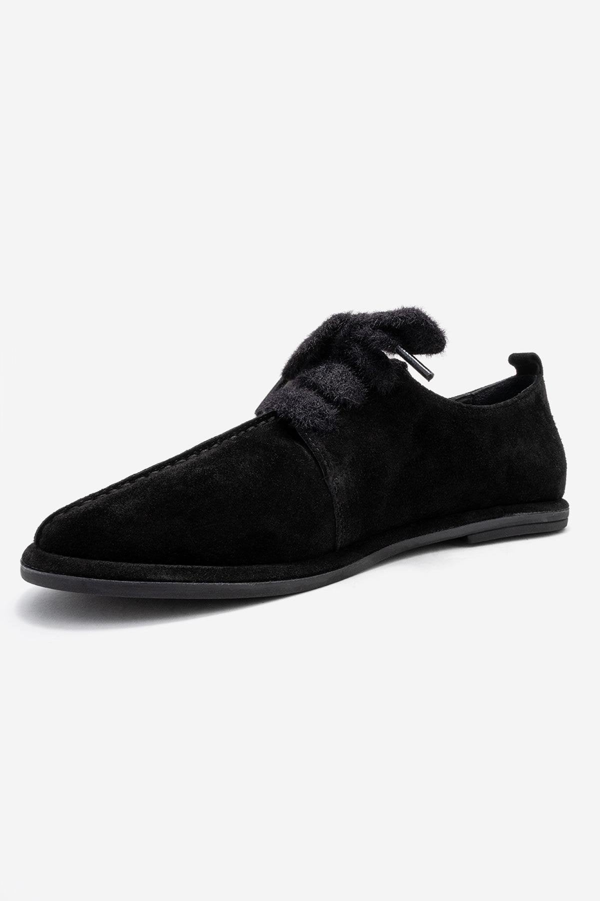 Denora - Black Genuine Leather Casual Flat Shoe – heel view showing leather, suede, black, Vowalisse