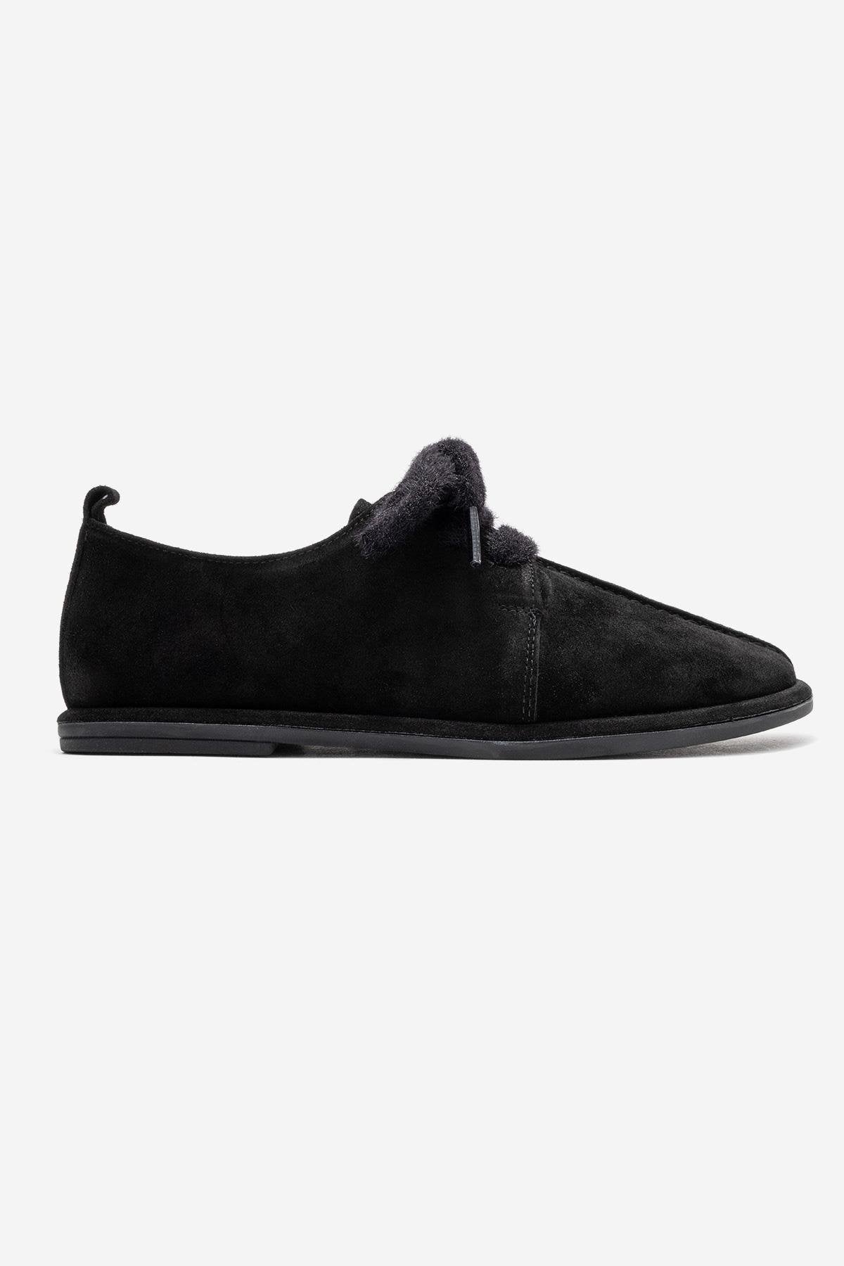 Denora - Black Genuine Leather Casual Flat Shoe – top view showing leather, suede, black, Vowalisse