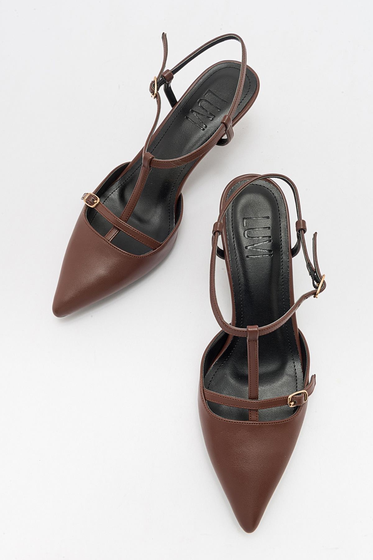 Frans - Cognac Pointed Toe Backless Low Heel Shoe – back view showing leather, Vowalisse
