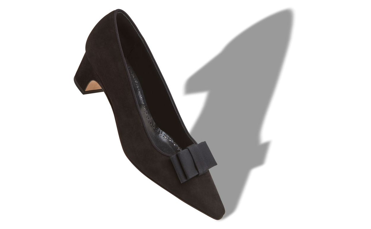 Marcella Flame Black Bow Detail Pumps – front three-quarter view showing black bow detail, pointed toe, suede, Vowalisse