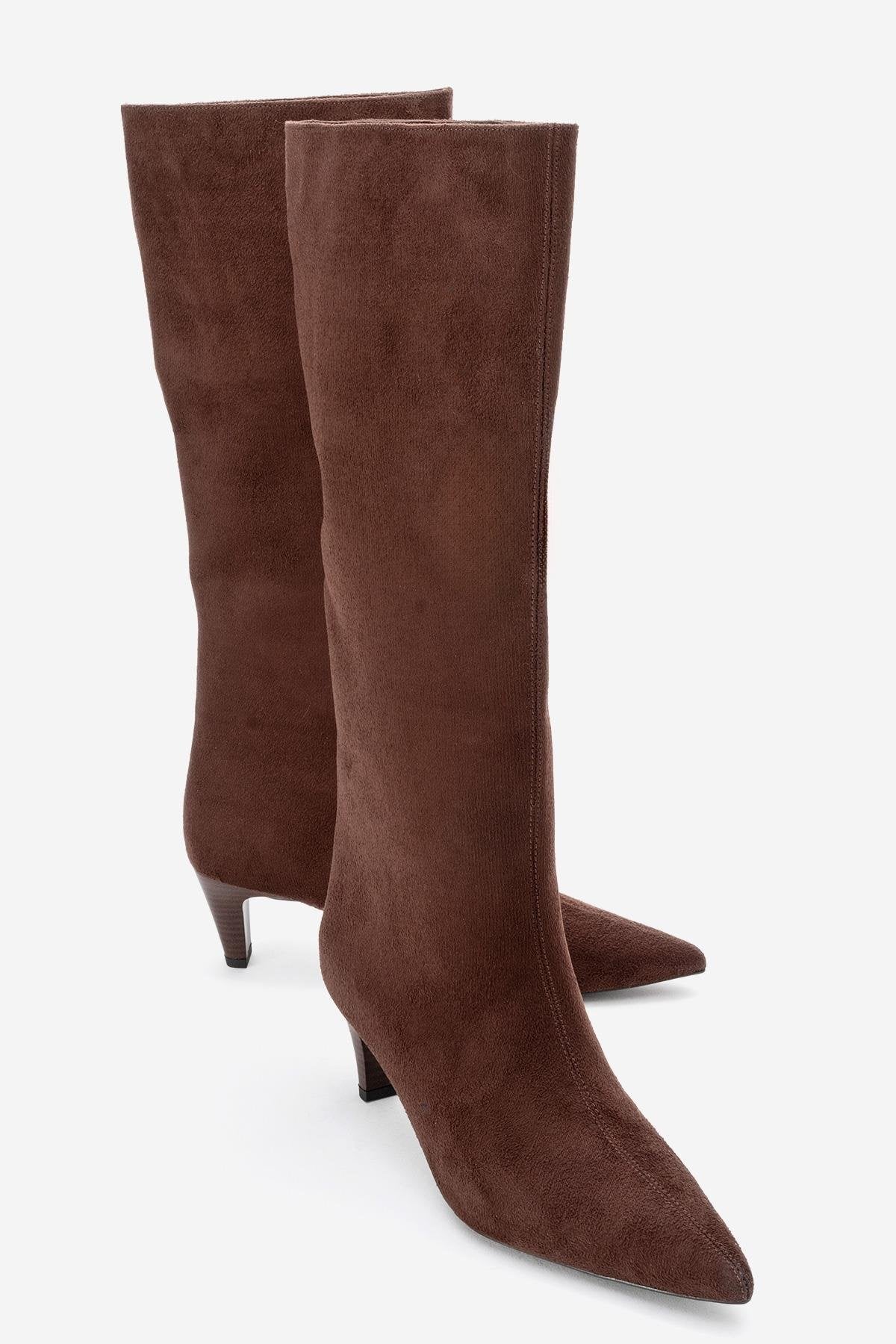 Armelia - Brown Kitten Heel Knee-High Boot – front three-quarter view showing suede, Vowalisse