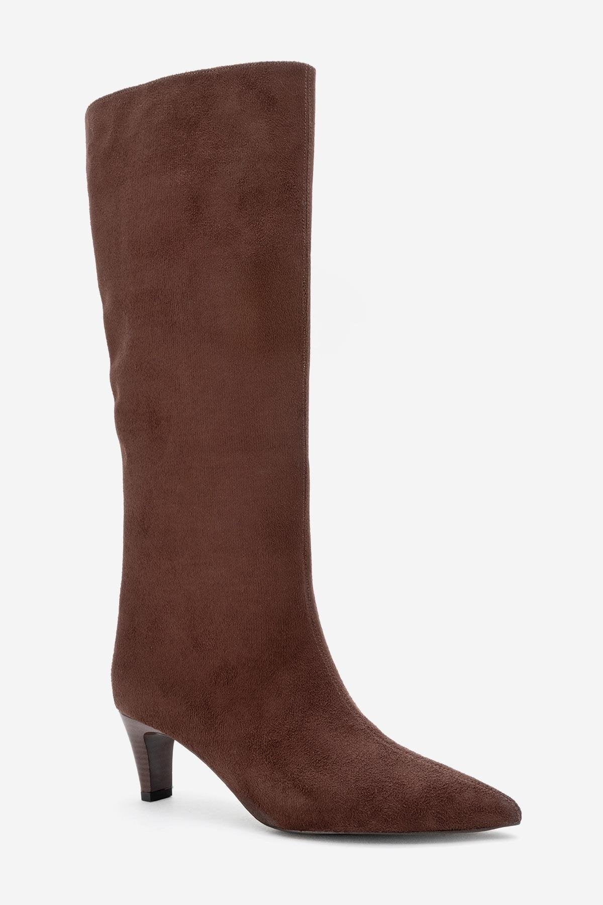 Armelia - Brown Kitten Heel Knee-High Boot – heel view showing suede, Vowalisse