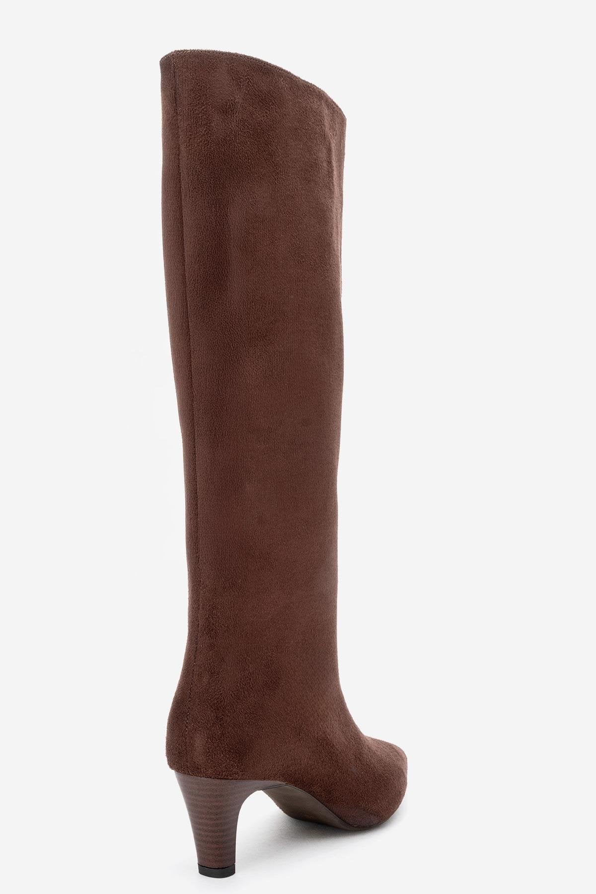 Armelia - Brown Kitten Heel Knee-High Boot – top view showing suede, Vowalisse