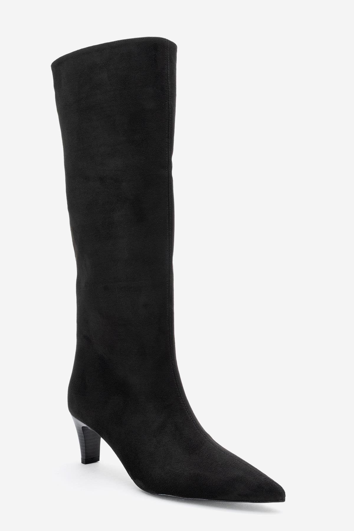 Armelia - Black Kitten Heel Knee-High Boot – detail view showing suede, black, Vowalisse