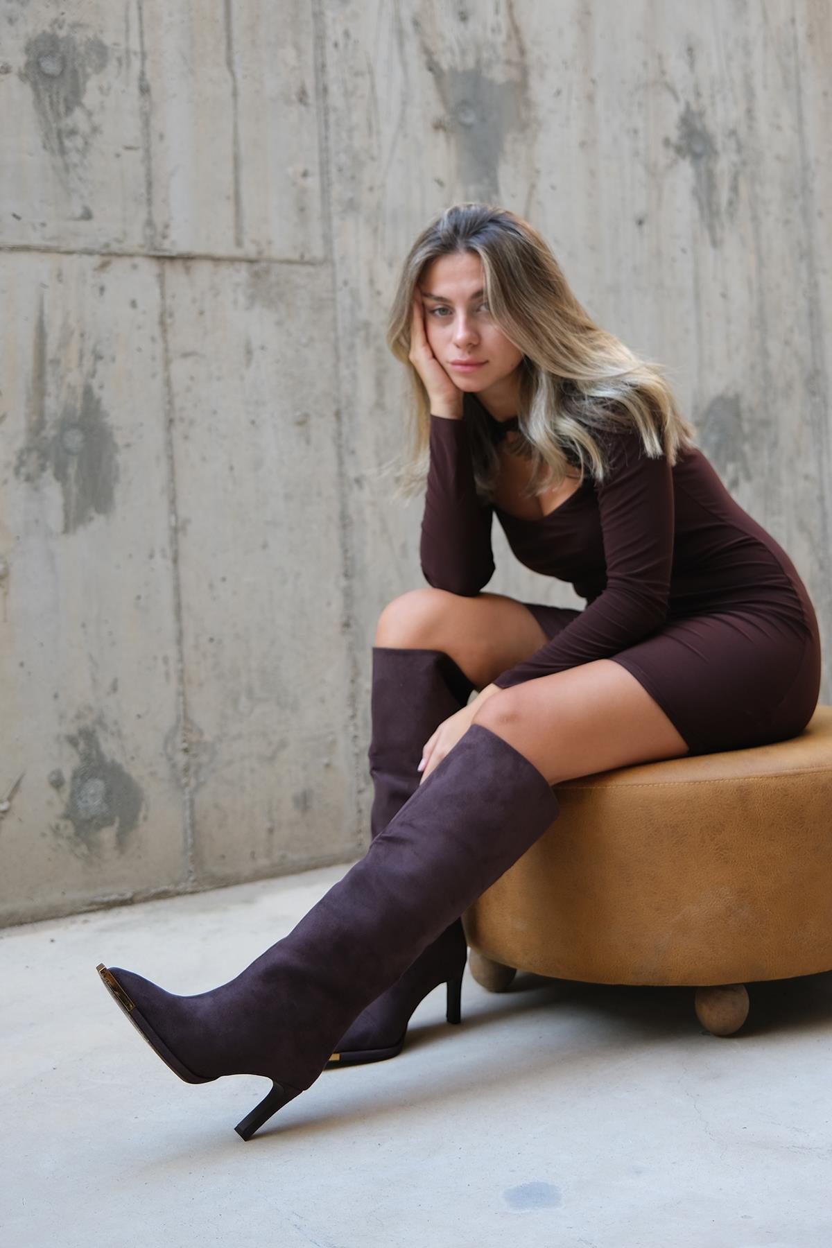 Lexa - Brown Gold Detail Pointed Toe Heeled Knee-High Boot – side view showing suede, gold, Vowalisse