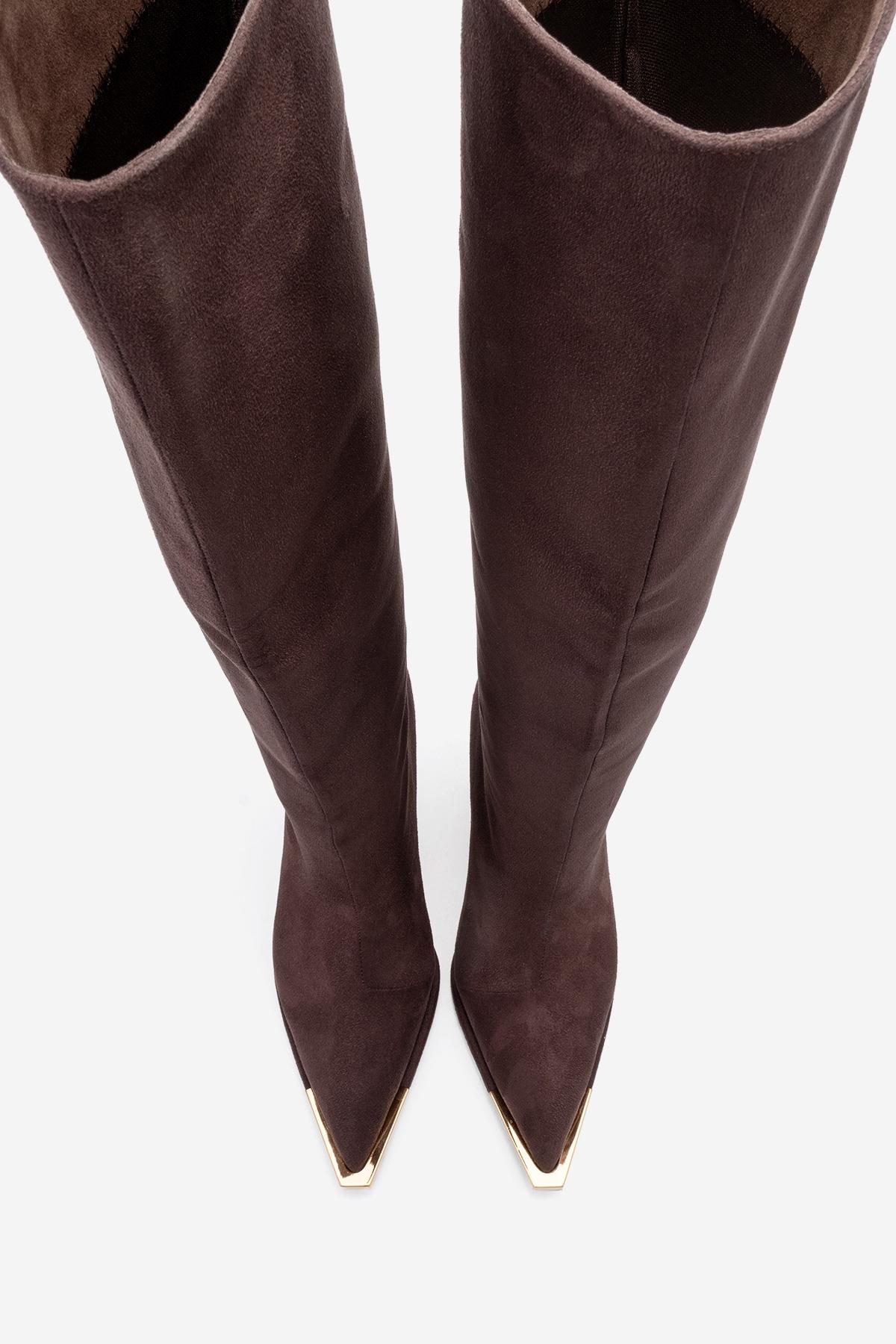 Lexa - Brown Gold Detail Pointed Toe Heeled Knee-High Boot – detail view showing suede, gold, Vowalisse