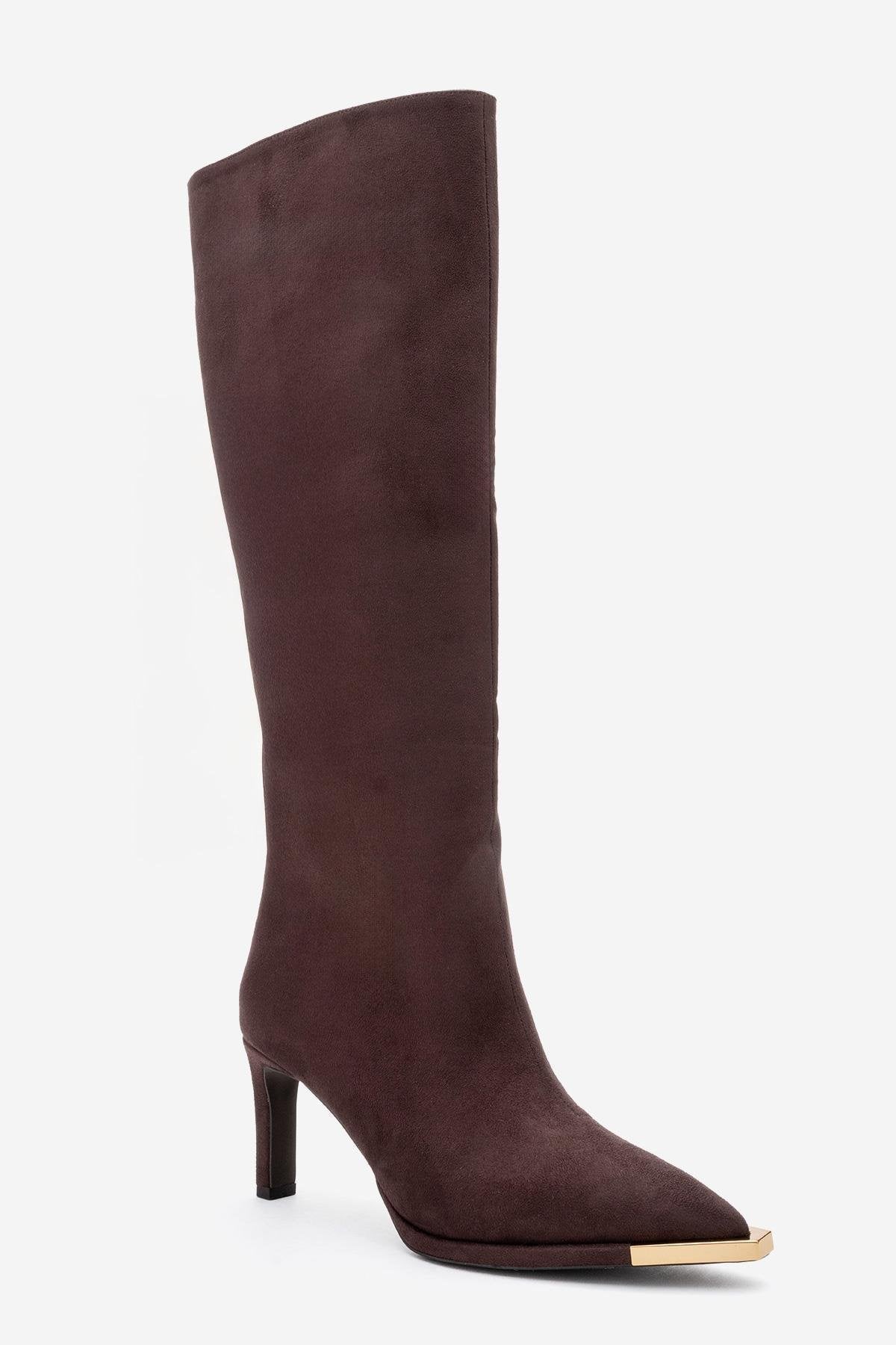 Lexa - Brown Gold Detail Pointed Toe Heeled Knee-High Boot – heel view showing suede, gold, Vowalisse