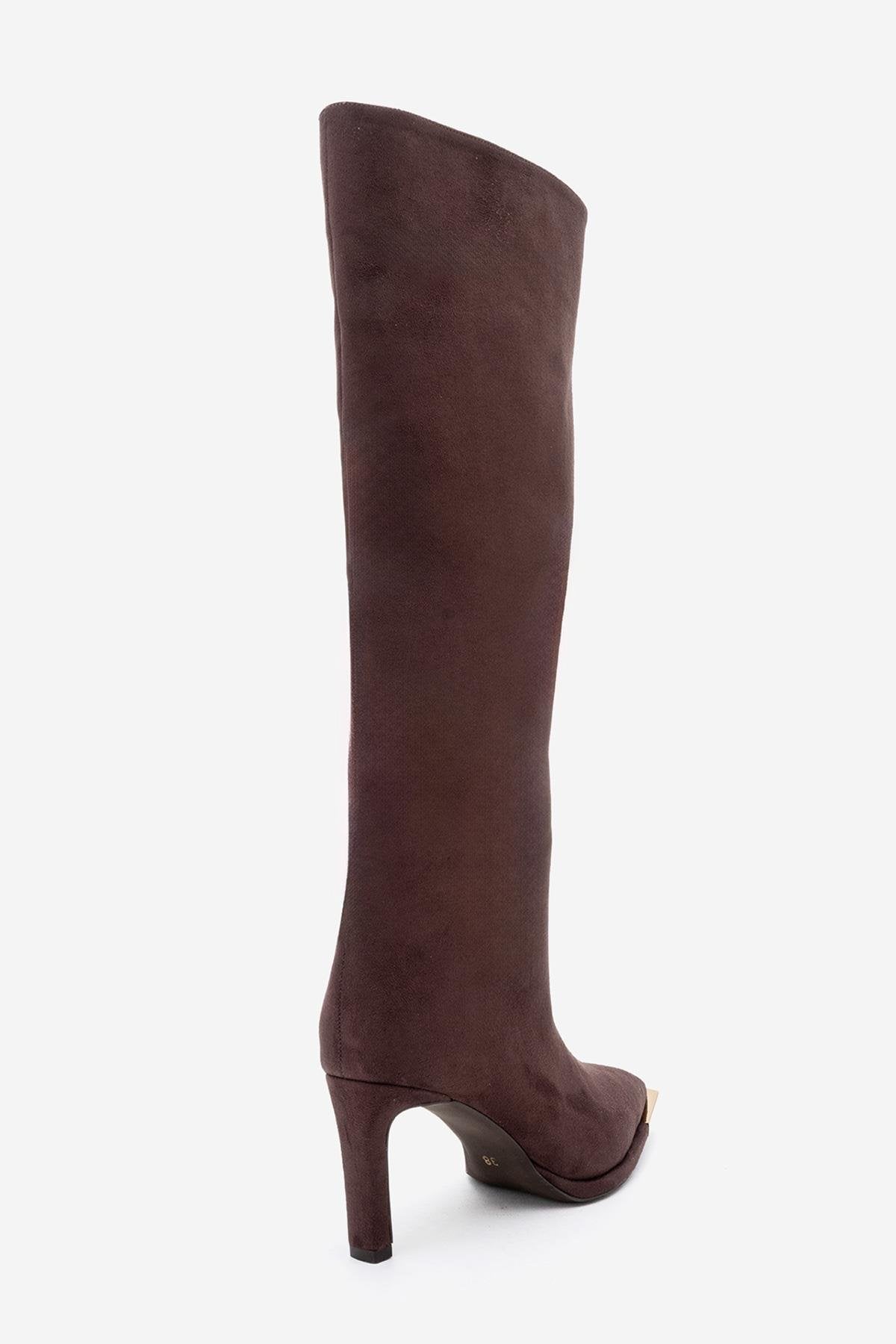 Lexa - Brown Gold Detail Pointed Toe Heeled Knee-High Boot – top view showing suede, gold, Vowalisse