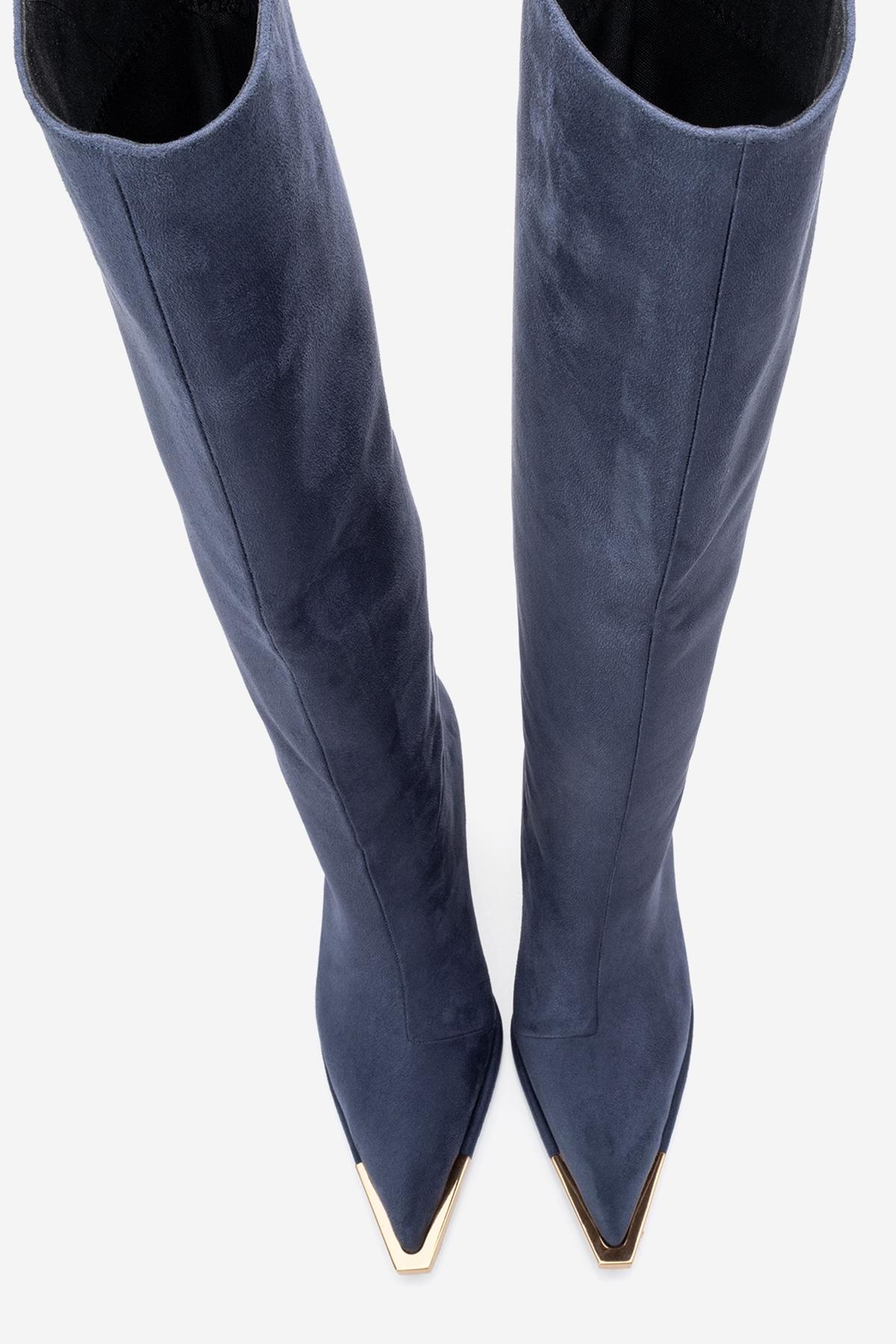 Lexa - Navy Gold-Detail Pointed Toe Knee-High Boot – side view showing suede, metallic, gold, Vowalisse