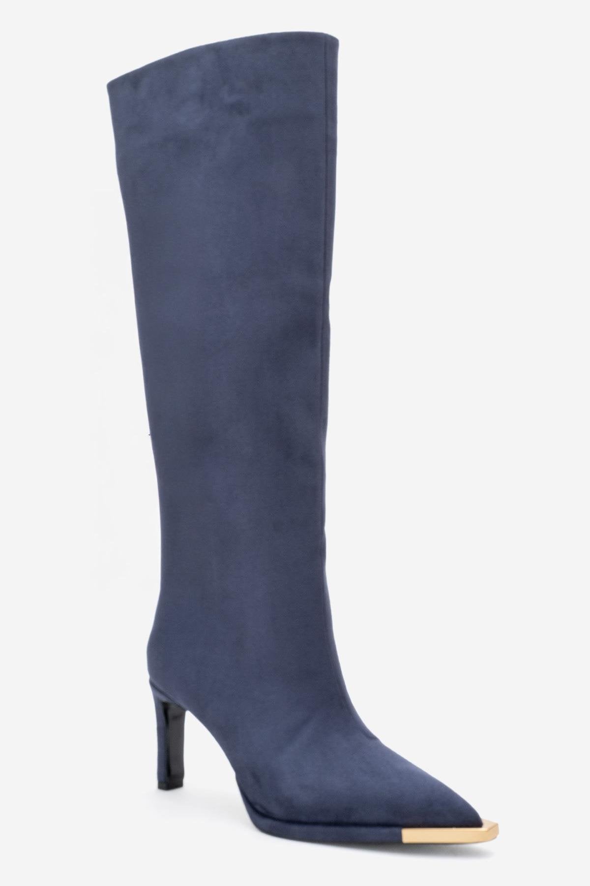 Lexa - Navy Gold-Detail Pointed Toe Knee-High Boot – detail view showing suede, metallic, gold, Vowalisse