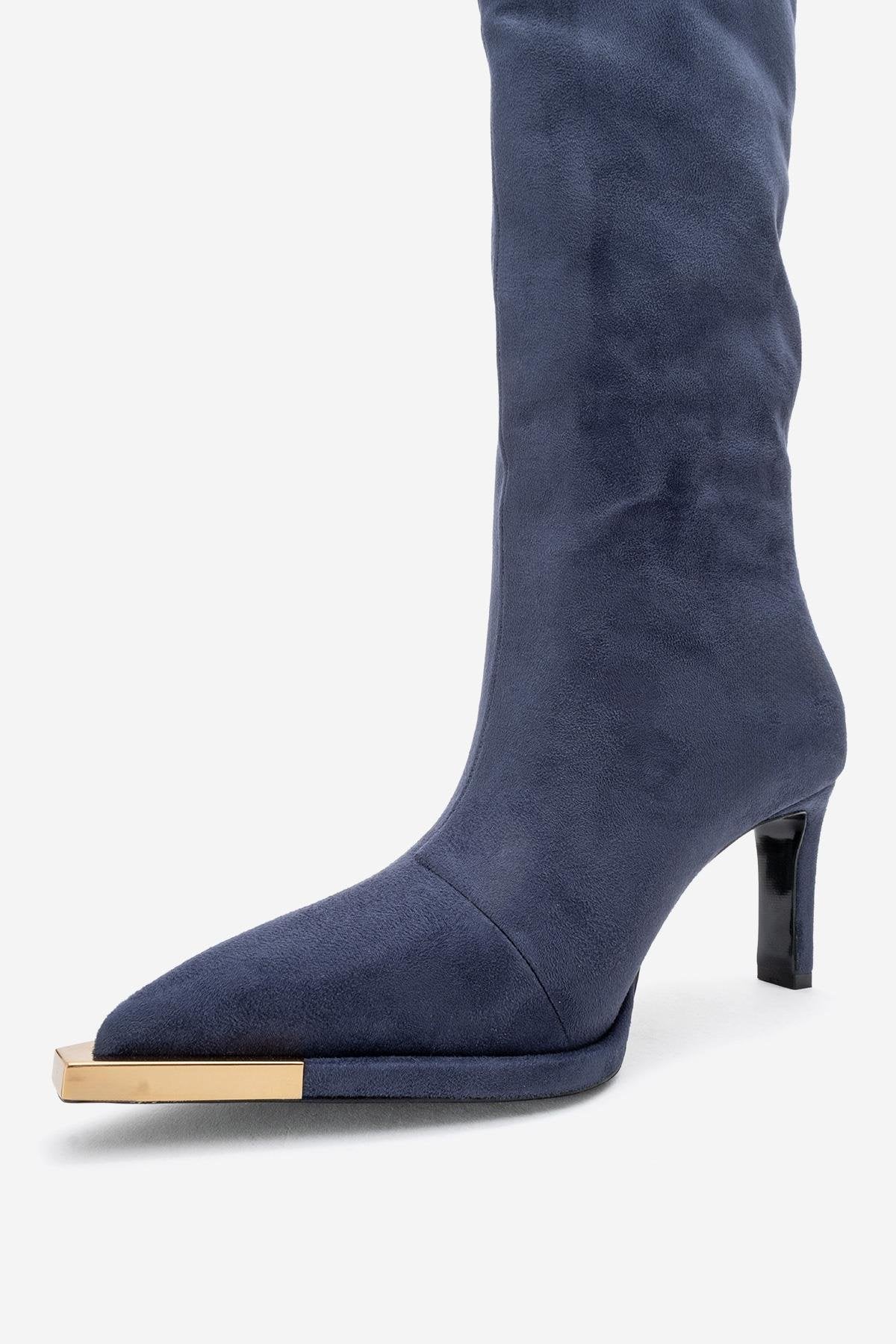 Lexa - Navy Gold-Detail Pointed Toe Knee-High Boot – heel view showing suede, metallic, gold, Vowalisse