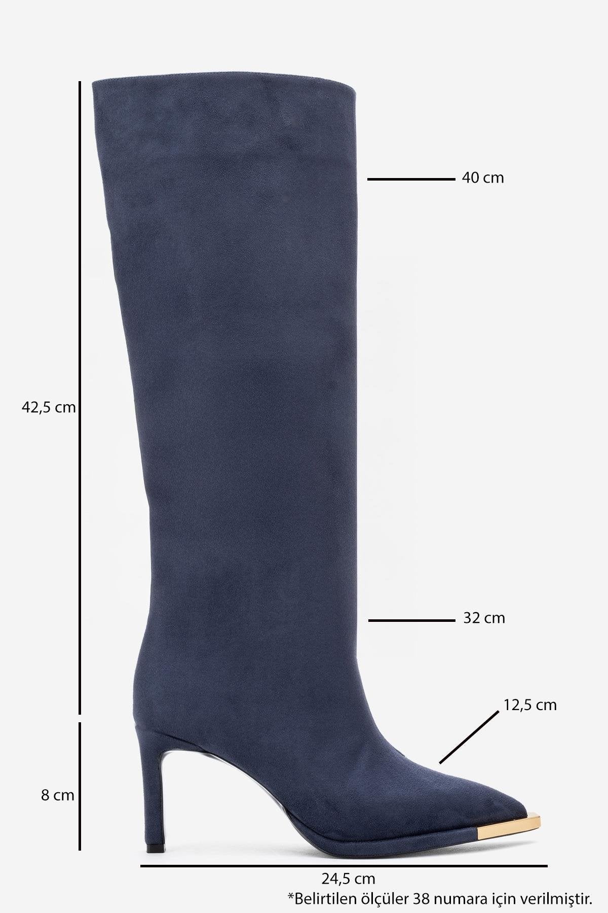 Lexa - Navy Gold-Detail Pointed Toe Knee-High Boot – top view showing suede, metallic, gold, Vowalisse