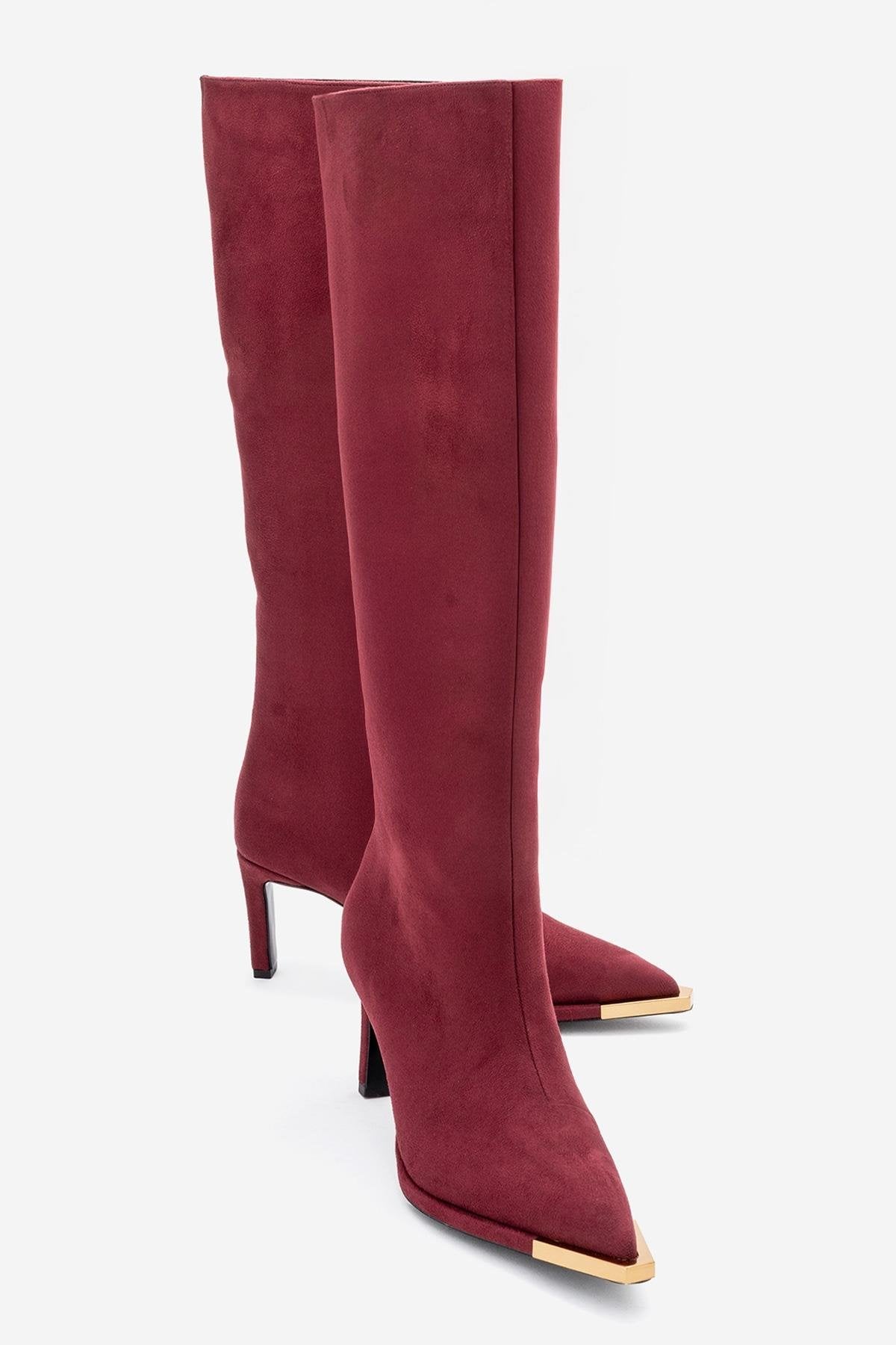 Lexa - Burgundy Gold-Detail Pointed Toe Knee-High Boot – front three-quarter view showing suede, gold, Vowalisse