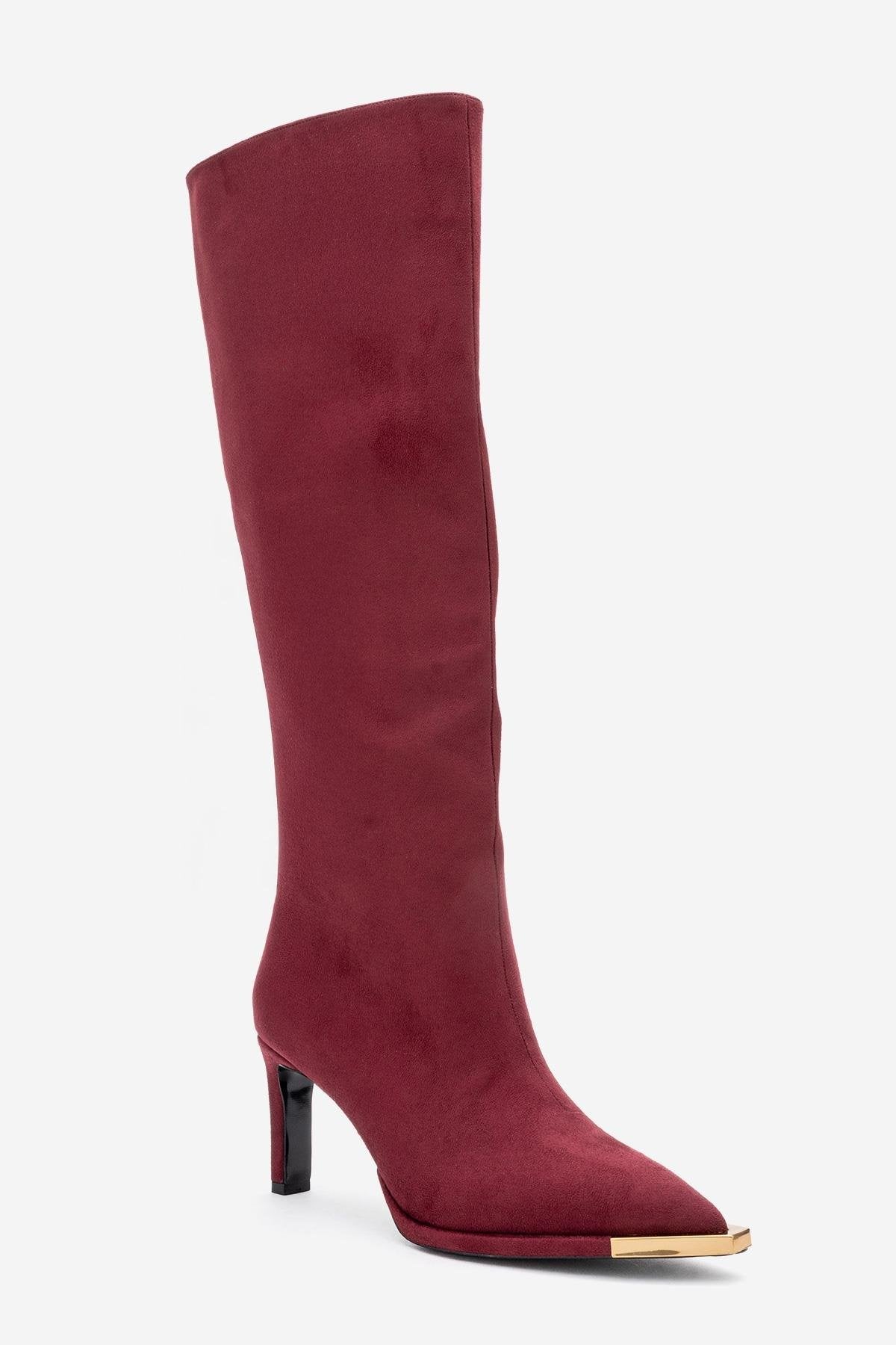 Lexa - Burgundy Gold-Detail Pointed Toe Knee-High Boot – detail view showing suede, gold, Vowalisse