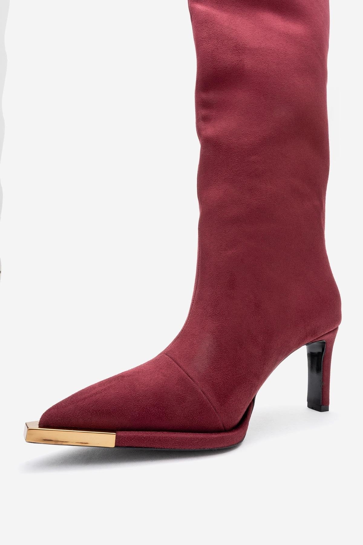 Lexa - Burgundy Gold-Detail Pointed Toe Knee-High Boot – heel view showing suede, gold, Vowalisse