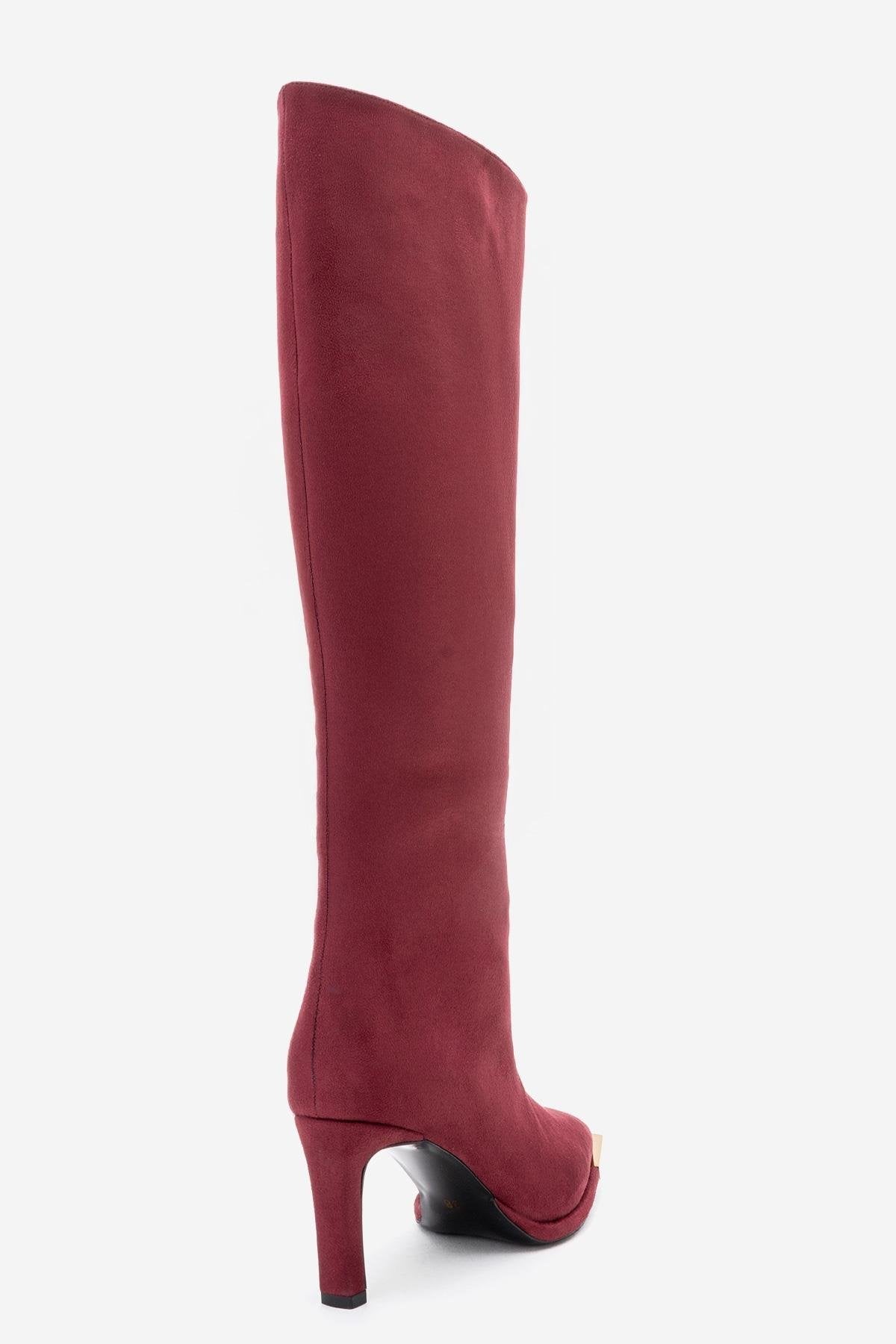 Lexa - Burgundy Gold-Detail Pointed Toe Knee-High Boot – back view showing suede, gold, Vowalisse