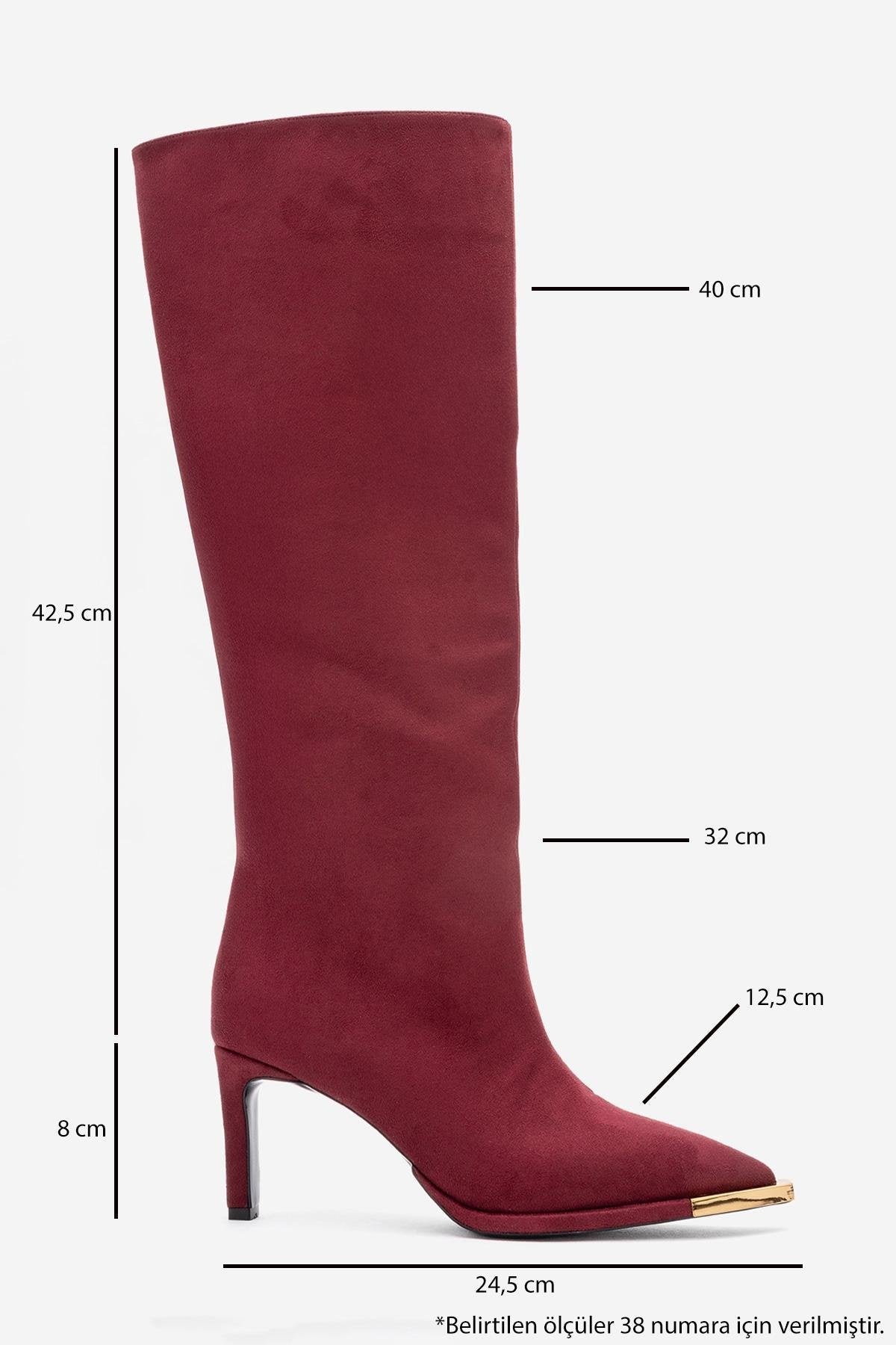 Lexa - Burgundy Gold-Detail Pointed Toe Knee-High Boot – top view showing suede, gold, Vowalisse