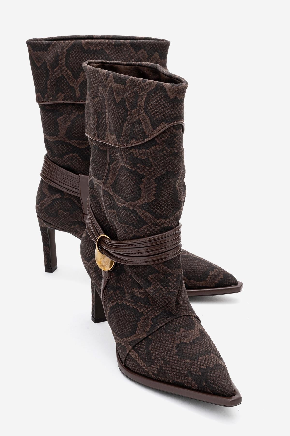 Myra - Brown Snake-Embossed Genuine Leather Banded Buckle Heeled Ankle – front three-quarter view showing leather, red…