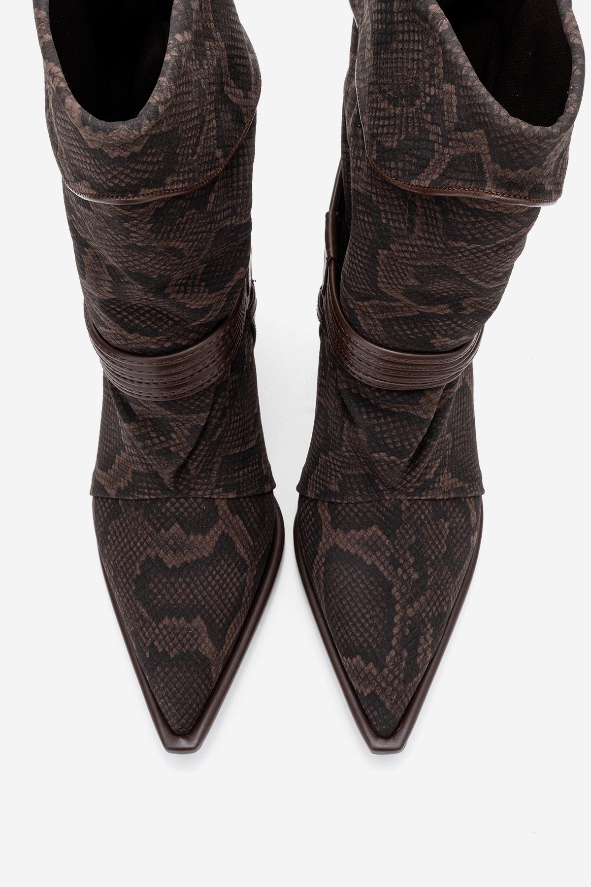 Myra - Brown Snake-Embossed Genuine Leather Banded Buckle Heeled Ankle – detail view showing leather, red, Vowalisse