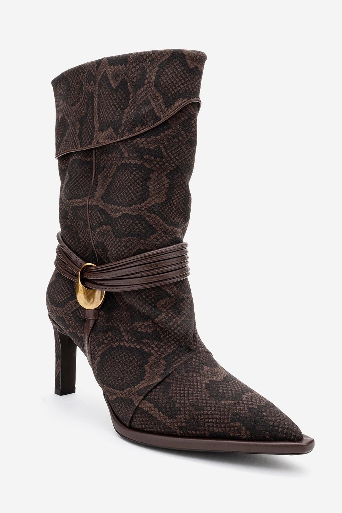 Myra - Brown Snake-Embossed Genuine Leather Banded Buckle Heeled Ankle – heel view showing leather, red, Vowalisse