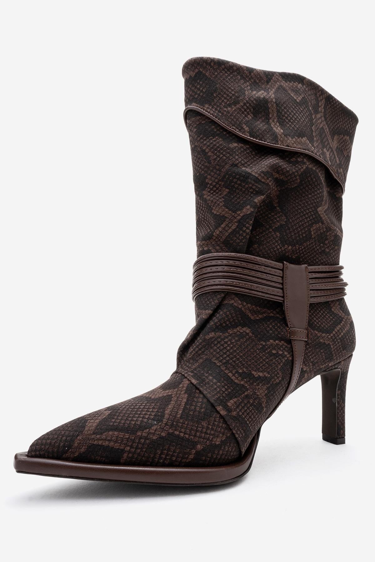 Myra - Brown Snake-Embossed Genuine Leather Banded Buckle Heeled Ankle – back view showing leather, red, Vowalisse