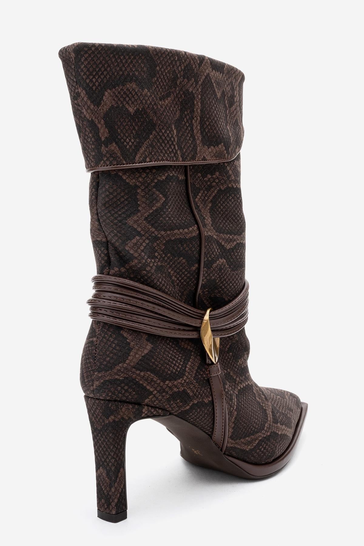 Myra - Brown Snake-Embossed Genuine Leather Banded Buckle Heeled Ankle – top view showing leather, red, Vowalisse