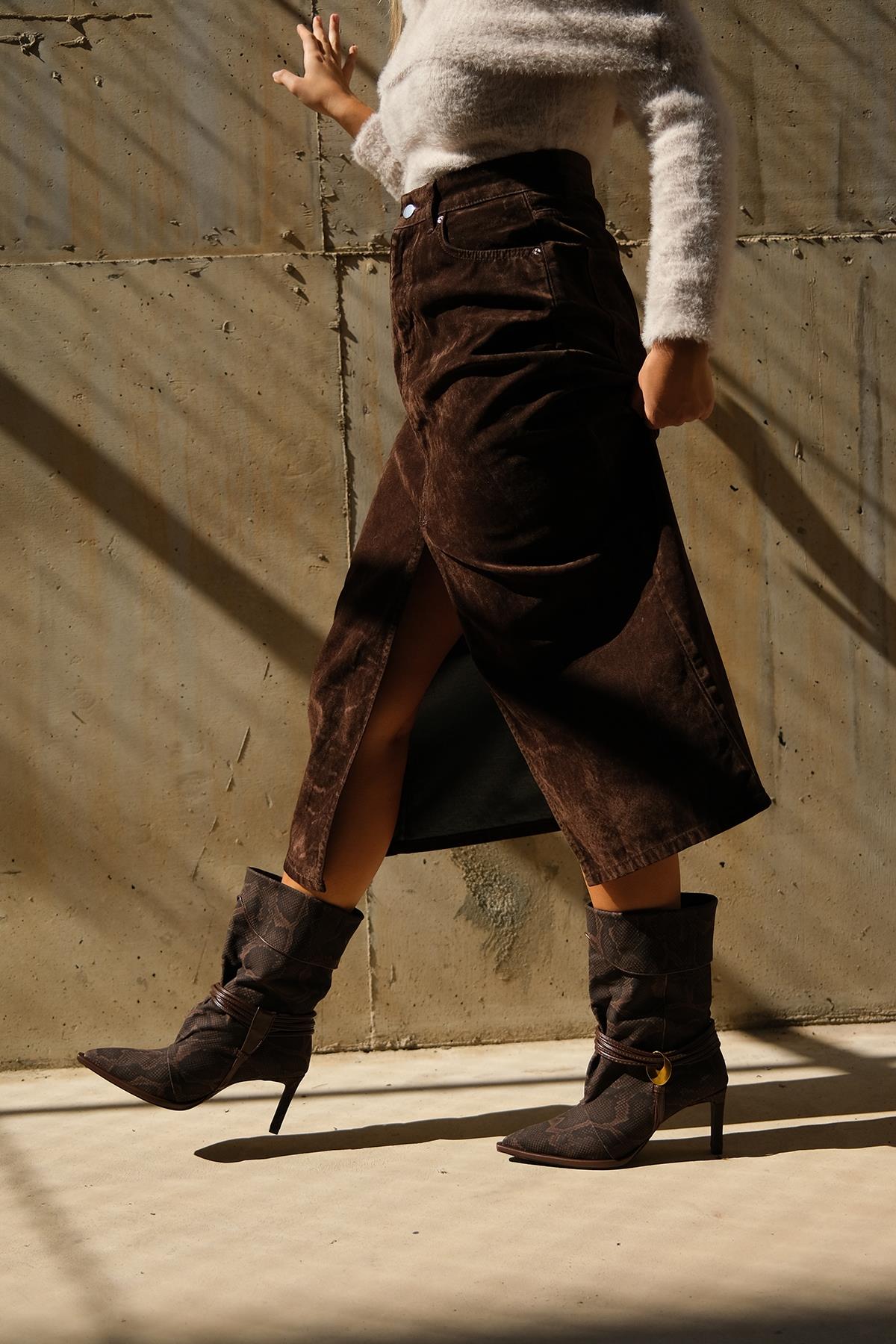 Myra - Brown Snake-Embossed Genuine Leather Banded Buckle Heeled Ankle – pair view showing leather, red, Vowalisse