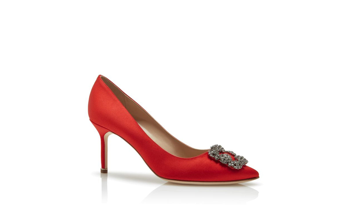 Ophelia Bloom Red Jewel Buckle Pumps – top view showing red jewel buckle, crystal buckle, almond toe, satin, Vowalisse
