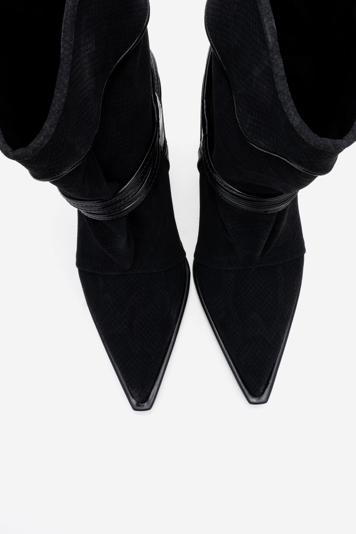 Myra - Black Snake-Embossed Banded Buckle Heeled Ankle Boot – front three-quarter view showing leather, black, Vowalisse