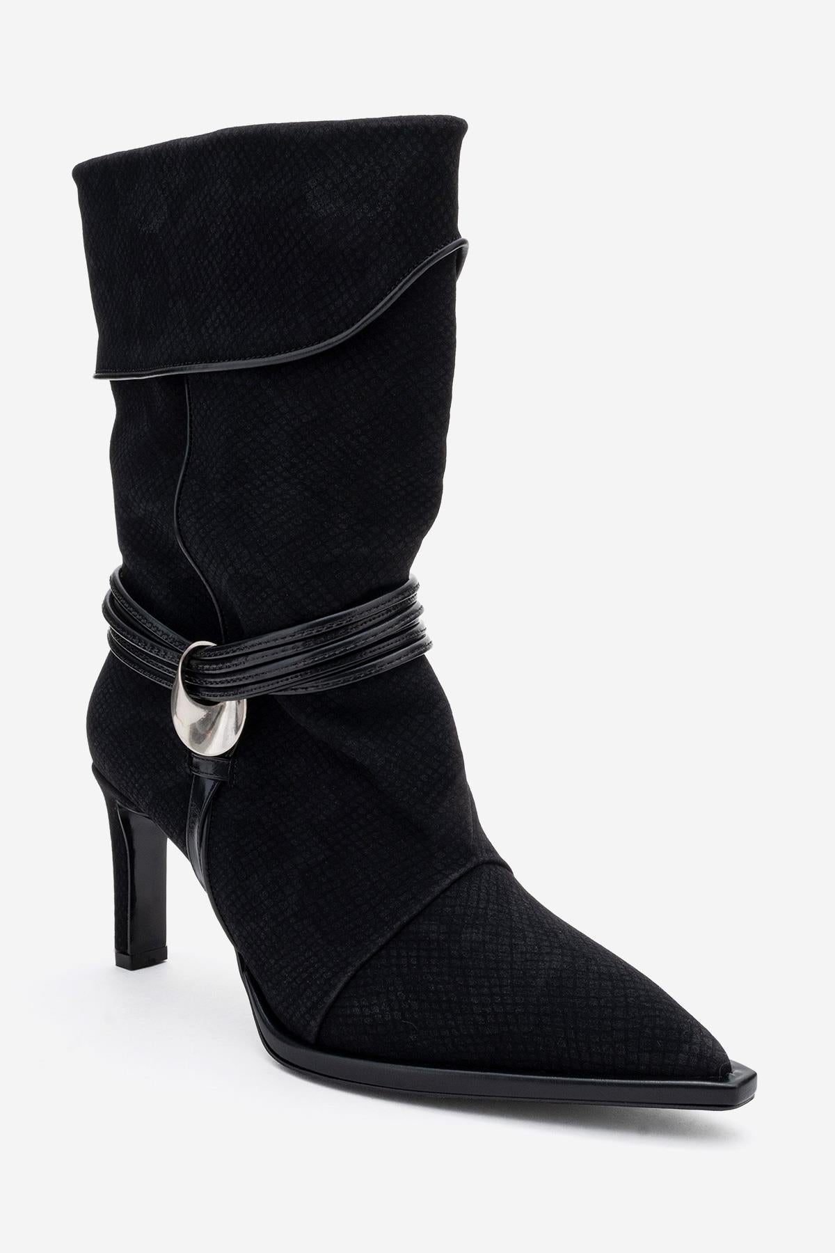 Myra - Black Snake-Embossed Banded Buckle Heeled Ankle Boot – side view showing leather, black, Vowalisse