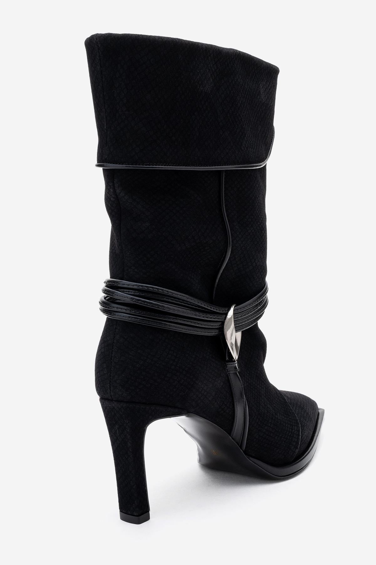 Myra - Black Snake-Embossed Banded Buckle Heeled Ankle Boot – heel view showing leather, black, Vowalisse