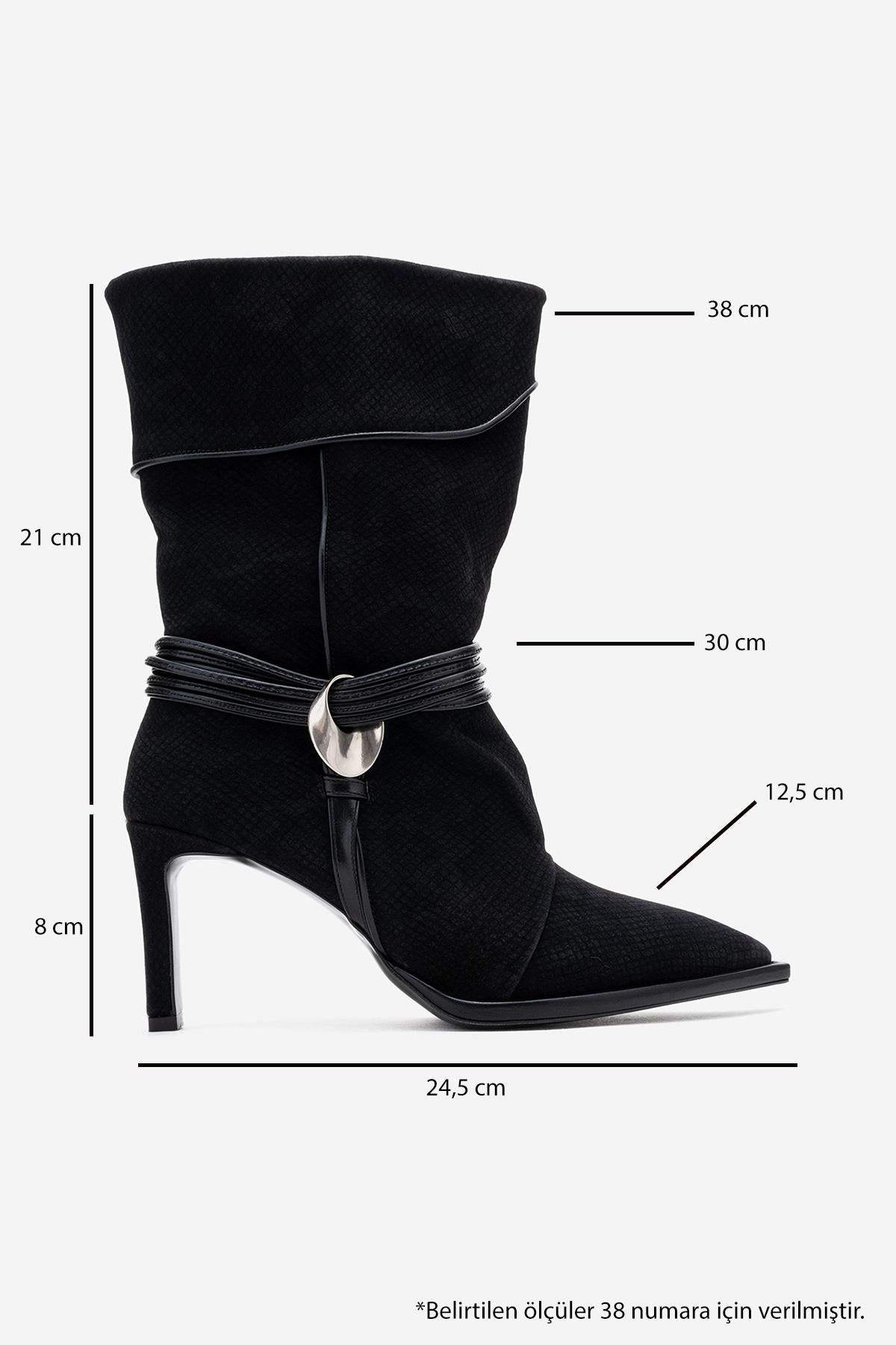 Myra - Black Snake-Embossed Banded Buckle Heeled Ankle Boot – back view showing leather, black, Vowalisse