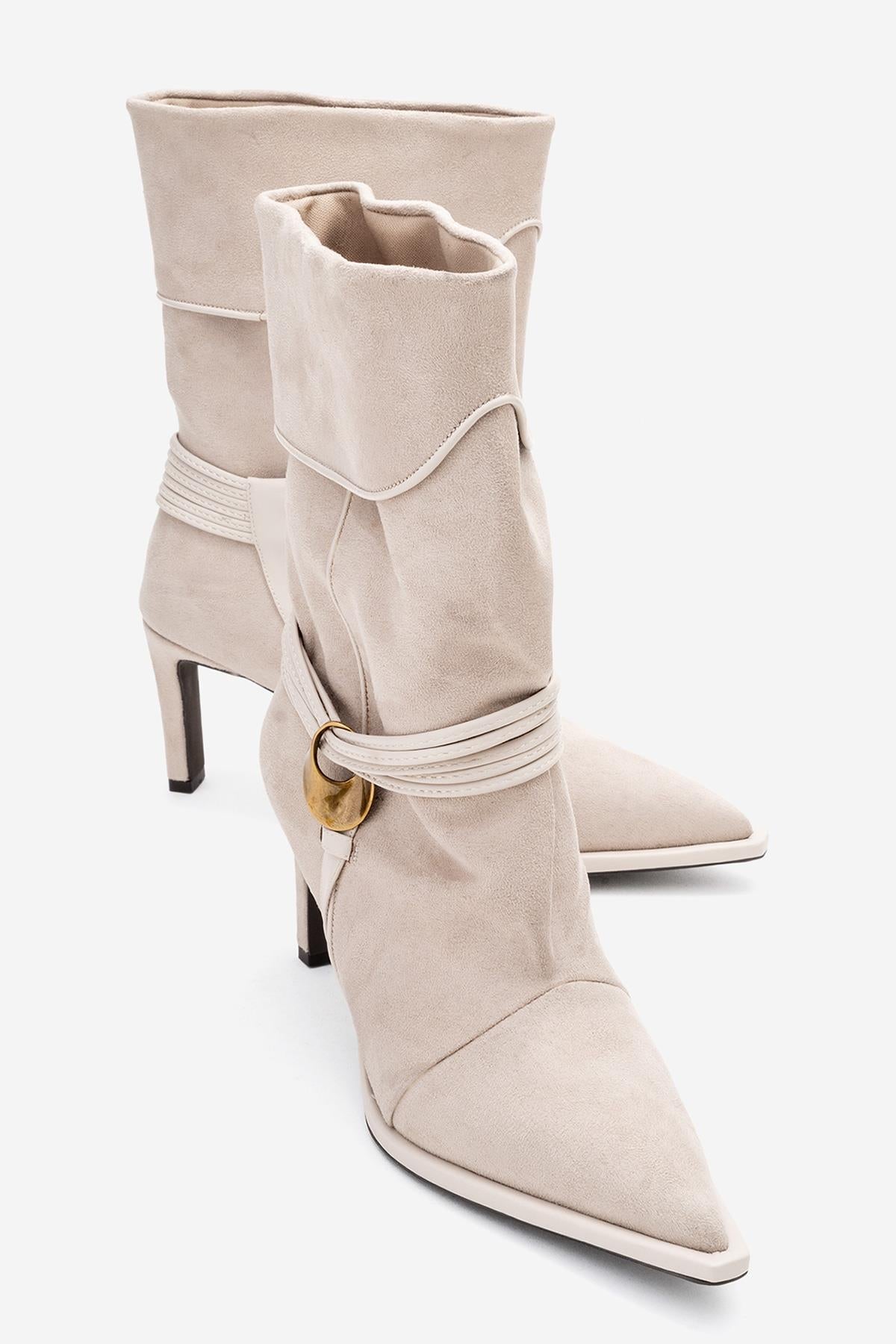 Myra - Beige Banded Buckle Heeled Ankle Boot – front three-quarter view showing suede, Vowalisse