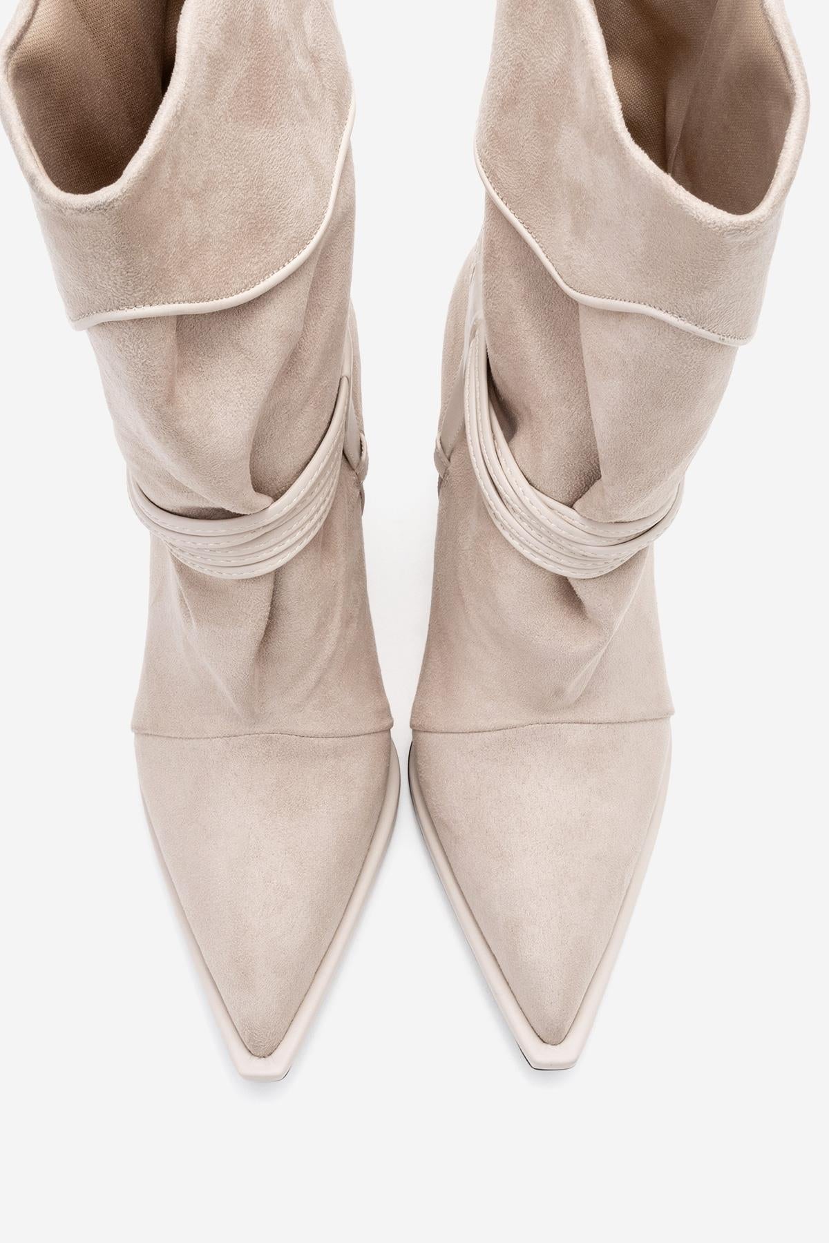 Myra - Beige Banded Buckle Heeled Ankle Boot – side view showing suede, Vowalisse