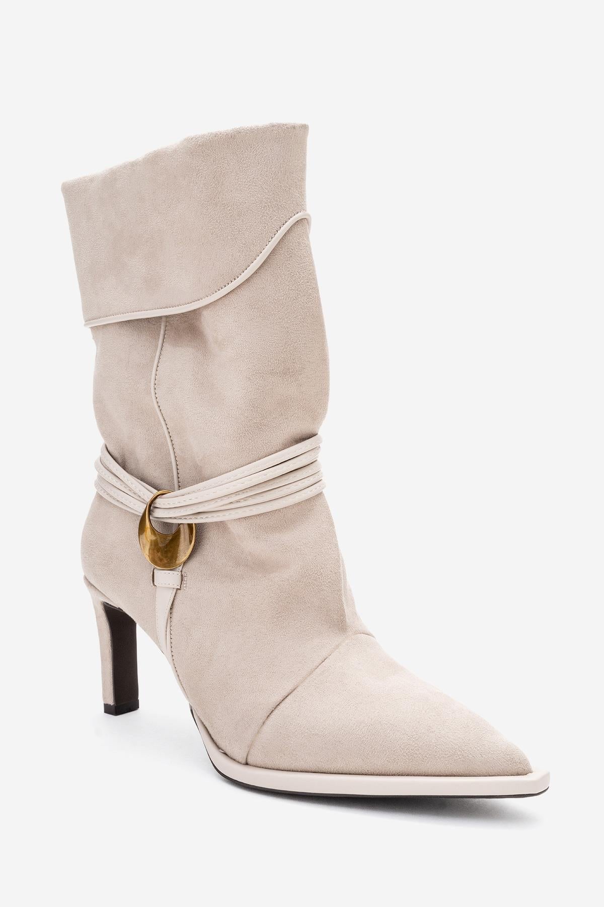 Myra - Beige Banded Buckle Heeled Ankle Boot – detail view showing suede, Vowalisse